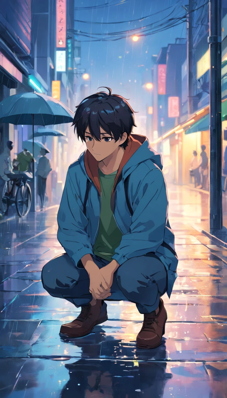 Heavy rainy days,On the street,the night,The male protagonist knelt on the ground