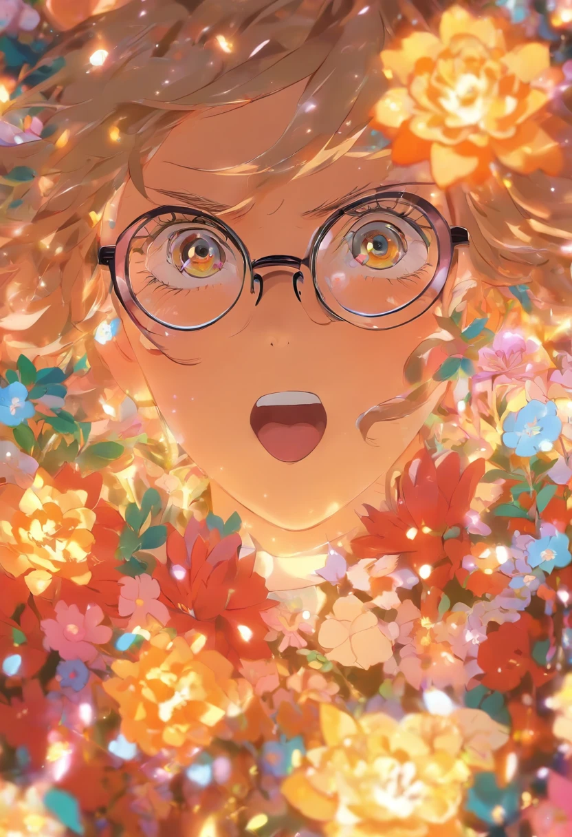 Qualidade em primeiro lugar,Obra-prima em detalhes,A middle-aged woman wears glasses,Retrato,clivagem em close-up,Several students wrote,Olhando para o livro,na sala de aula,flores frescas,Rico em Cores