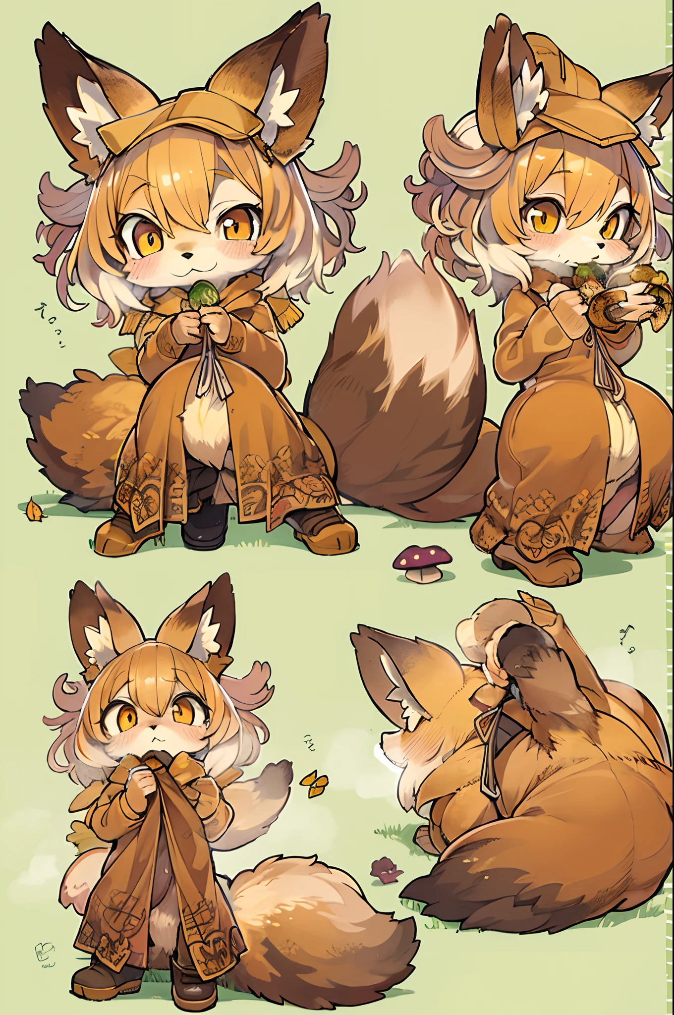Fox, (Monster Girl), long brown ears with a dark brown inside,,,,, brown fur, Sunburned neck fluff, brown fluffy tail with a yellow-brown tip,,,,, Big brown eyes, wearing modest clothing, Sitting in the mushroom garden, masutepiece, Best Quality、autumnal,bbw