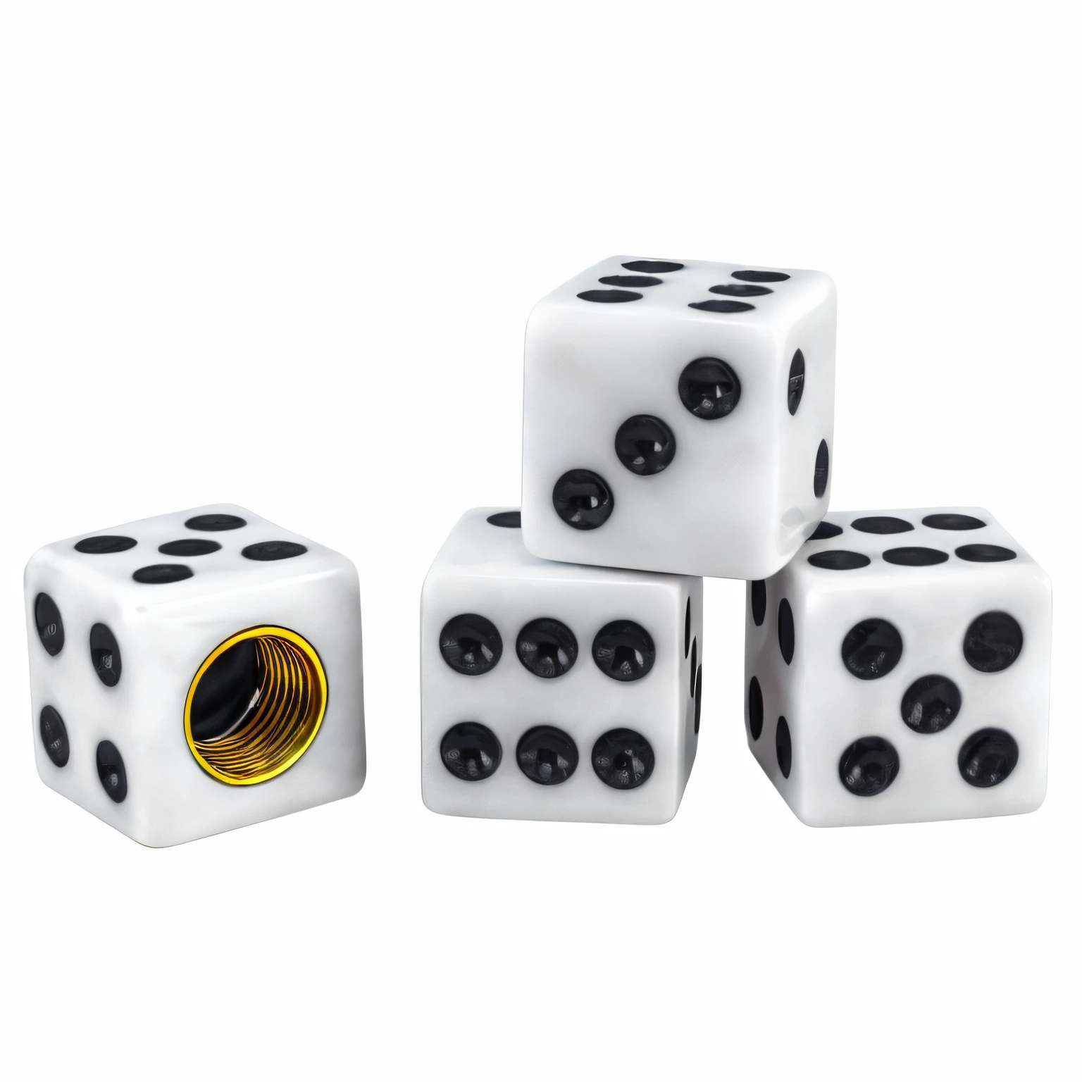 Three white dice with black dots and a gold ring, dices, nopan, white with black spots, Scroll says, holy dice in the clouds, | 28mm |, dice tsutsumi, 35 mm product photo”, Each has a lot of dice, product image, high detail product photo, detailed product photo, miniature product photo,Smooth surface,3D stereoscopic effect
