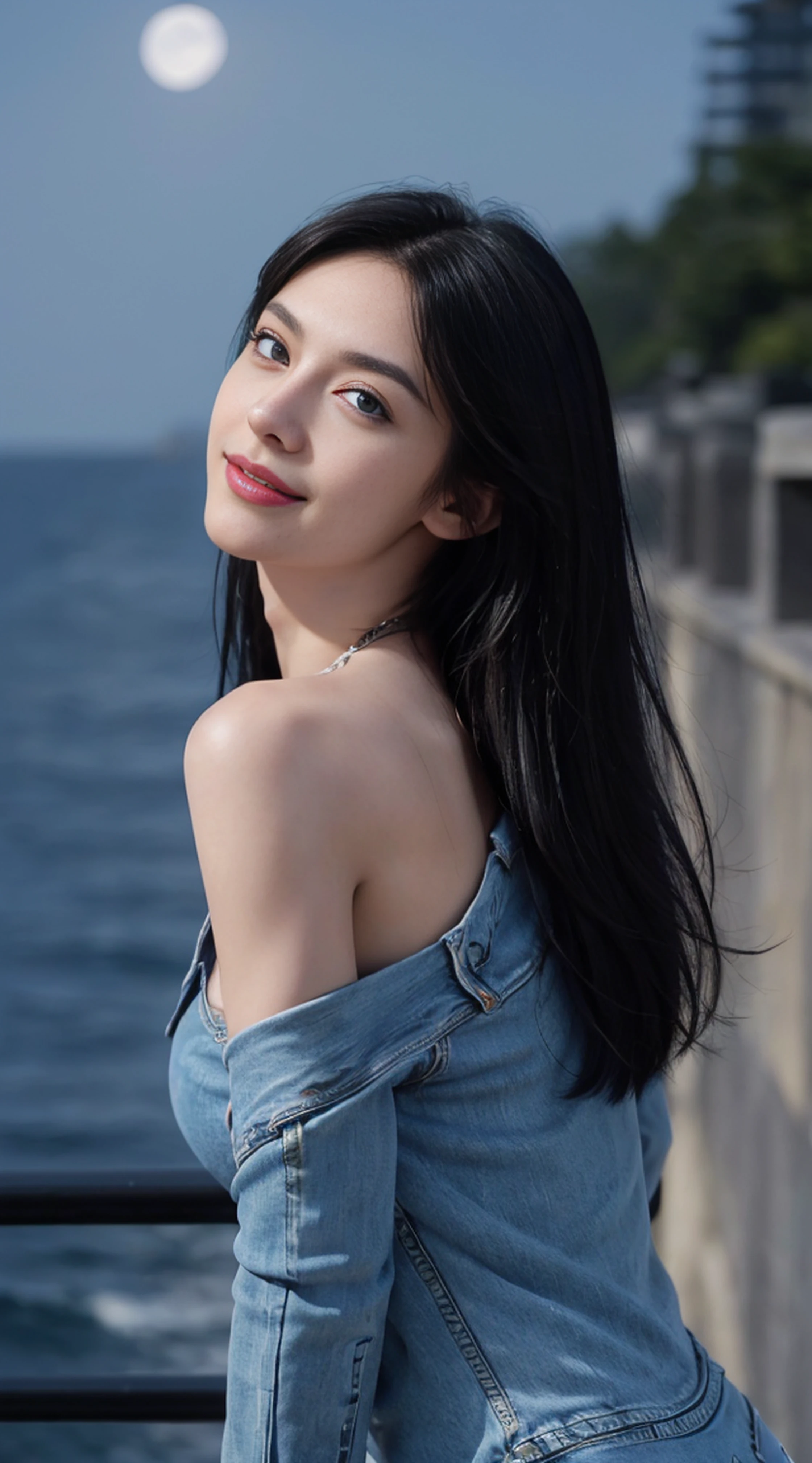 8K, Top Quality, Intricate Details, Ultra Detail, Ultra High Resolution, Masterpiece, random angle, Slender, Smile, (Makeup: 0.4), (Fluffy Blue Eyes: 1.21), blue Eyes,, ((full body)), 1girl, solo, 1 girl, (( full body)), close-up shot, , , ((tall)), (((fit body))), (((slim face))), sharp face, sharp eyes, (((black hair, long hair, )) ,(detailed face), sharp face, small lips, thin lips,
((denim)), detailed face, detailed breast, , large breast, detail, , Beautiful girl with accentuated slender abs: 1.4, Six Pack Abs: 1.4, Bust Botox, Big, Perfect Body, detail leg, (( moonlight)), ocean