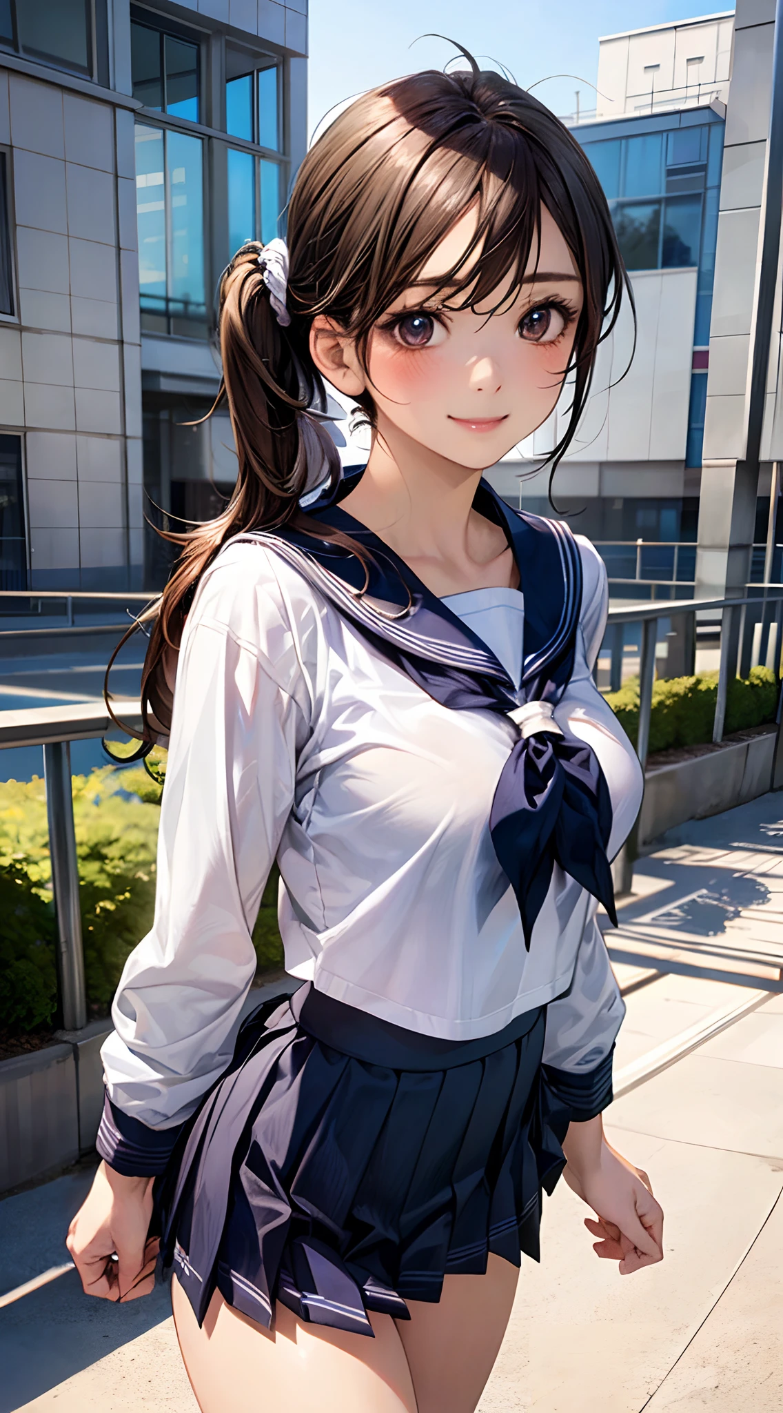 (masterpiece:1.2, top-quality), (realistic, photorealistic:1.4), beautiful illustration,
looking at viewer, cowboy shot, front view:0.8,
1 girl, japanese, high school girl, (long hair:1.5), light brown hair, (side ponytail:1.7), large breasts:0.8,
beautiful hair, beautiful face, beautiful detailed eyes, beautiful clavicle, beautiful body, beautiful chest, beautiful thigh, beautiful legs, beautiful detailed fingers, five fingers,
(beautiful scenery), , school,
((cute school uniform, long sleeves, pleated skirt, sailor collar, scarf)), white panties,
standing, walking,
smile, ,