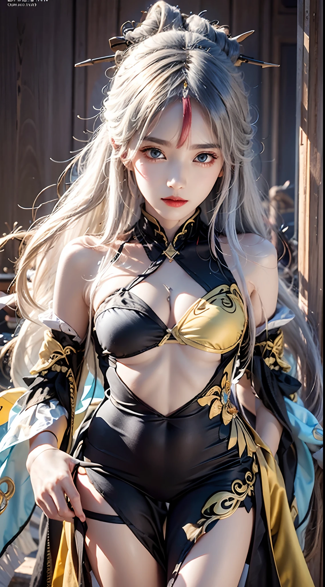 photorealistic, high resolution, soft lights, 1women, solo, hips up, look at viewer, (detailed face), blue eyes, white hair, long hair, (silk Ribbon in front:1.3),earrings,filigree,detached sleeves,wide sleeves,(revealing clothes),jewelry, (cleavage,bare shoulder,strapless,Simple Choker, yellow tube dress,no bra:1.1),ningguangdef, yellow cheongsam