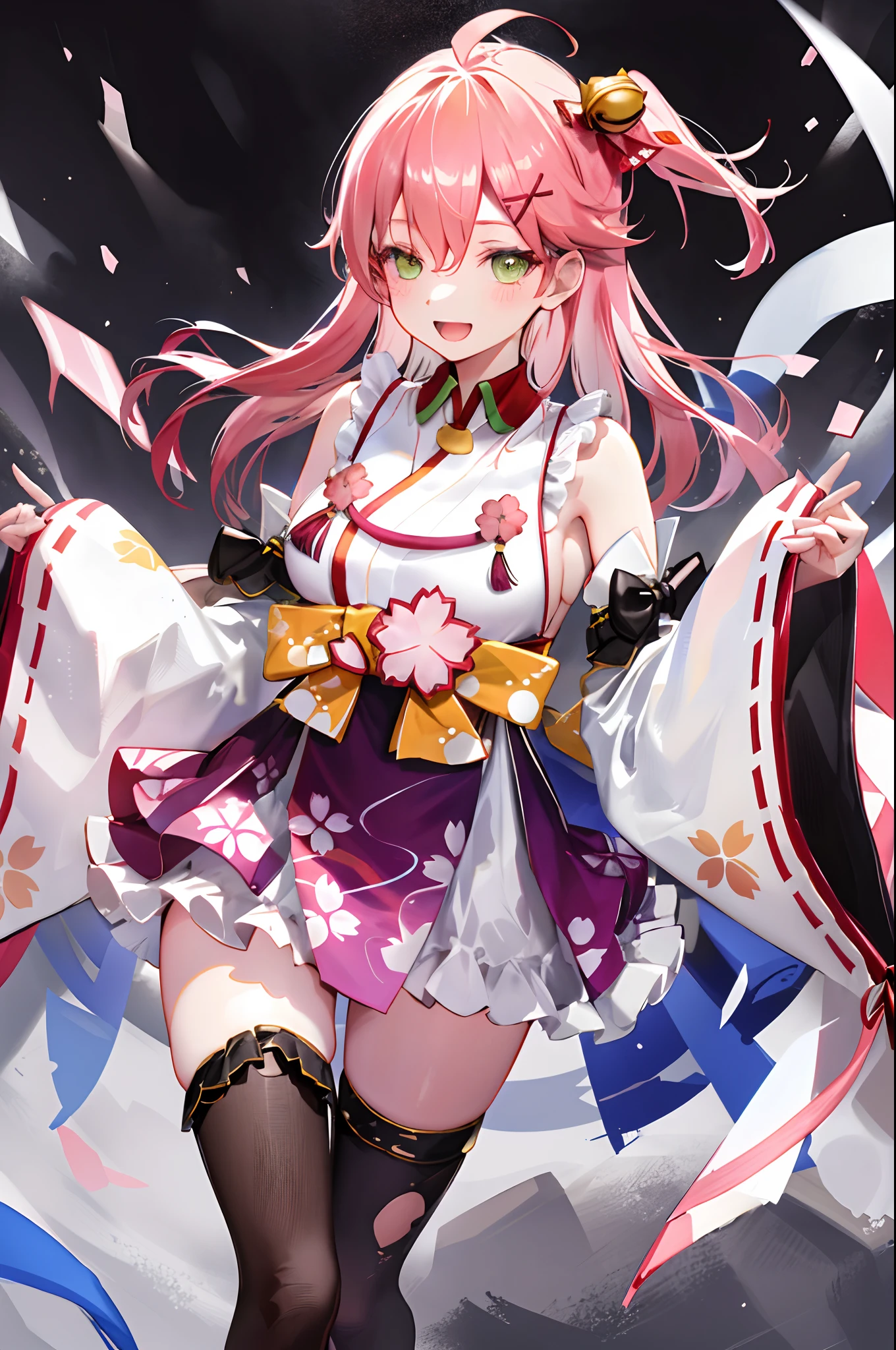 masterpiece, best quality, highres, miko1, sakura_miko, 1girl, green eyes, solo, ahoge, x_hair_ornament, pink_hair, floral print, hairclip,side_less_clothes, (sideboobs:1.4), hair_bell, floral print, long_hair, hair between eyes, one side up, white thighhighs, asymmetrical legwear, wide sleeves, open_mouth,happy,close_eyes, smile,jumping,rising_leg,plump,apart_legs,(overly_long_sleeves:1.1),(beautiful_fingers),sleeves_past_wrists,hands_hidden_sleeves