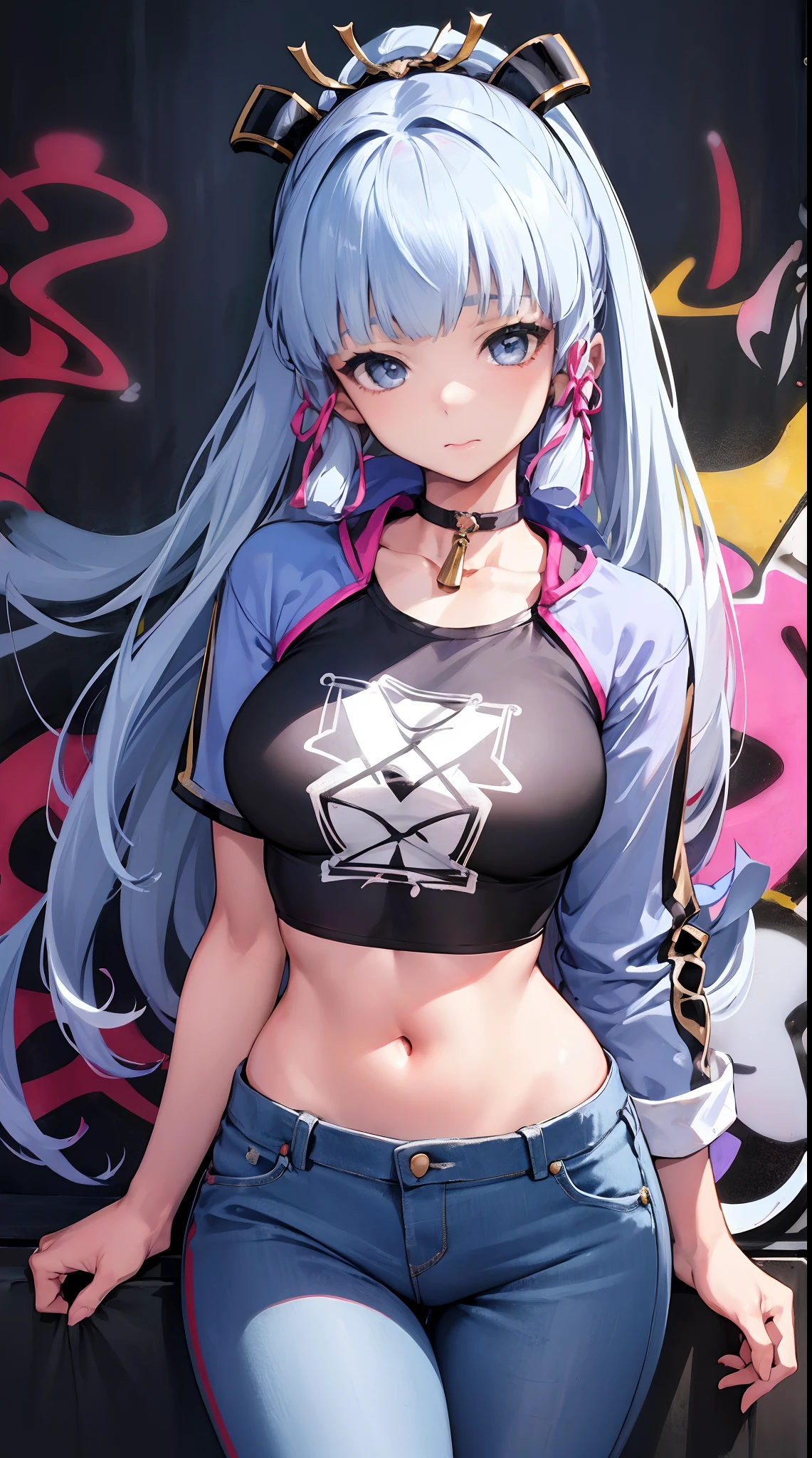 kamisato ayaka|genshin impact, master-piece, bestquality, 1girls,25 years old, oversized breasts, crop top, shorts jeans, oversized breasts, ,bara, crop top, shorts jeans, choker, (Graffiti:1.5), Splash with purple lightning pattern., arm behind back, against wall, View viewers from the front., Thigh strap, Head tilt, bored, water eyes,