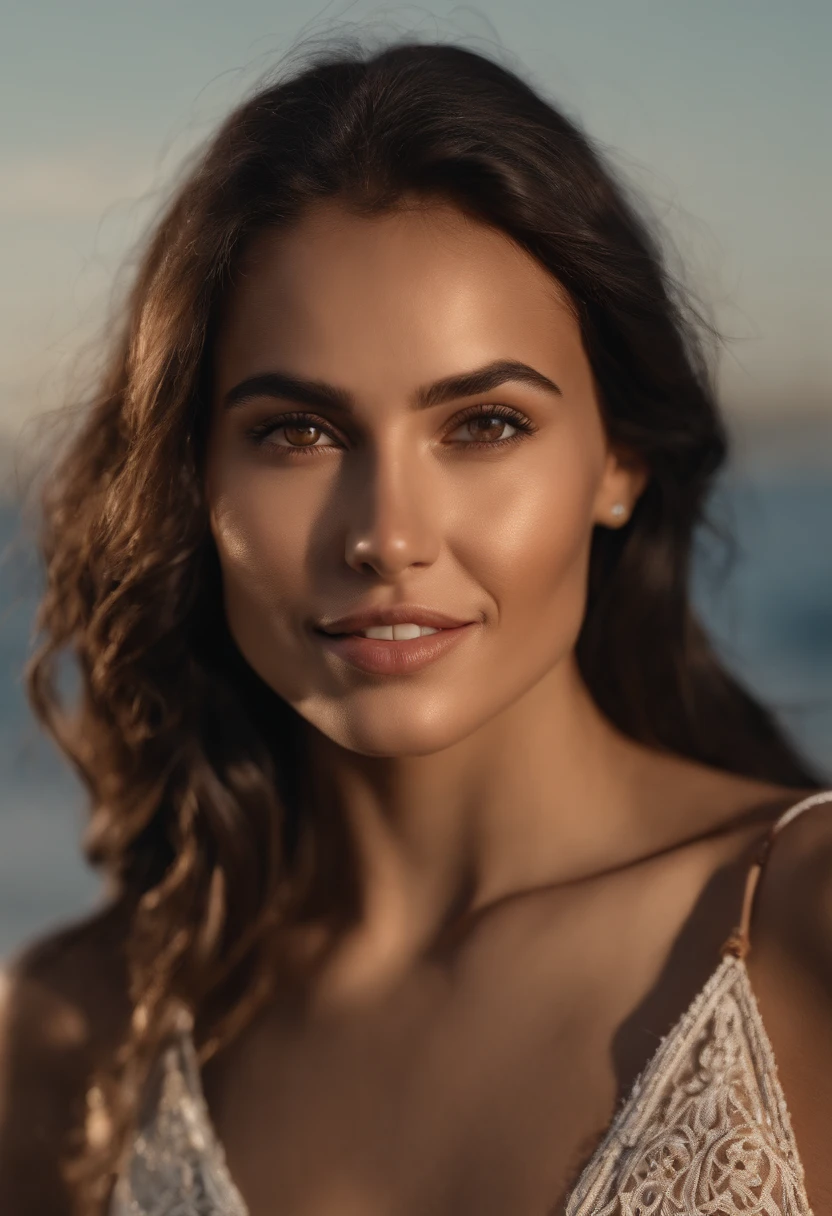 RAW, analog, Nikon Z 85mm,((best quality)), ((masterpiece)), ((realistic)),far fromthe camera image, gorgeous native american woman, brunette, 25 year old, posing in a beach, wearing lingerie petite, smile with teeth showing, ((small breasts)), intricate details, highly detailed, sharp focus, professional, 4k, god rays, hand model, stunning brown eyes, petite, strong chin big ramus dnot defined jawline  huge strong cheekbones highset cheekbones big eyes. great face projection highres, detailed facial features, high detail, sharp focus, smooth, extremely detailed, photo_\(ultra\), photorealistic, realistic, post-processing, max detail, roughness, real life, ultra realistic, photorealism, 8k uhd, SEMI-SILHOUETTE light, slavic face, long blon hair, beautiful hair, real face face