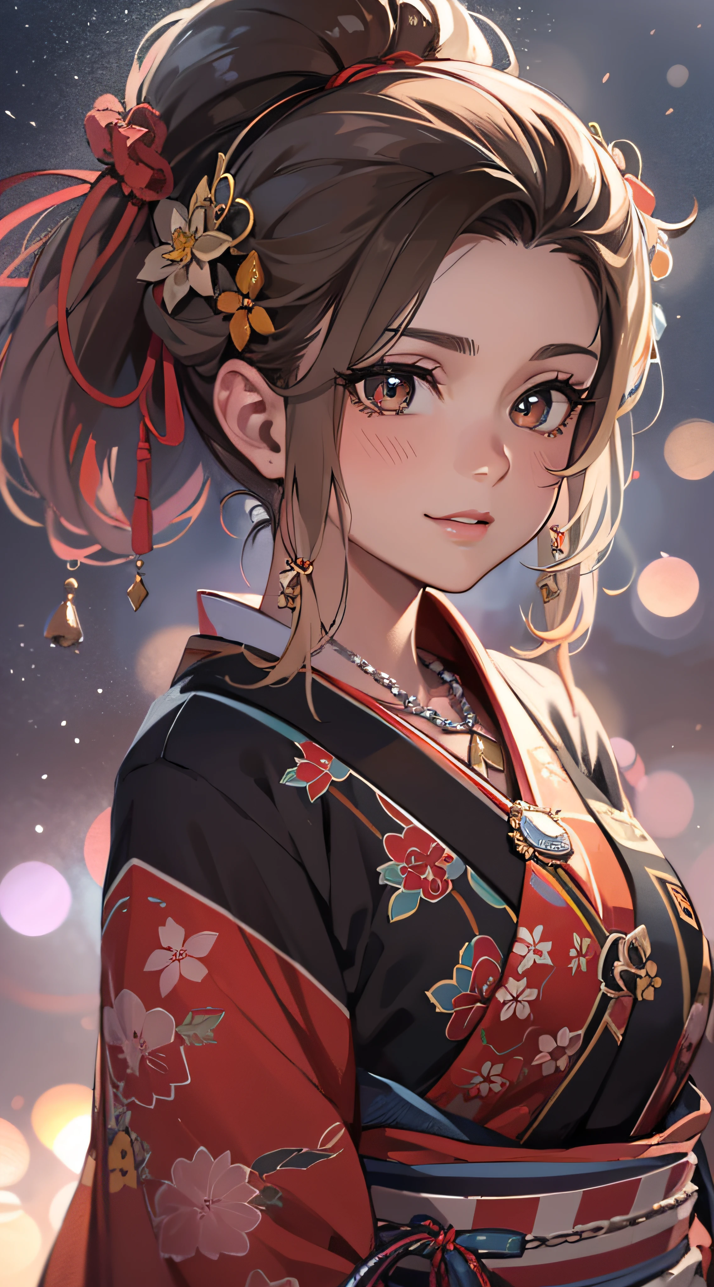 Best Quality, Unity 8k Wallpapers, 32K, masterpiece, ultra-detailliert, high resolution, cinematic Film still from,1girl,cute, delicate facial features, short brown-haired silk girl,brown eyes, realistic pupils, detailed eyes, full body, a black and red kimono, platinum necklace, starrysky,brightly,glitters,the sunset,full body esbian