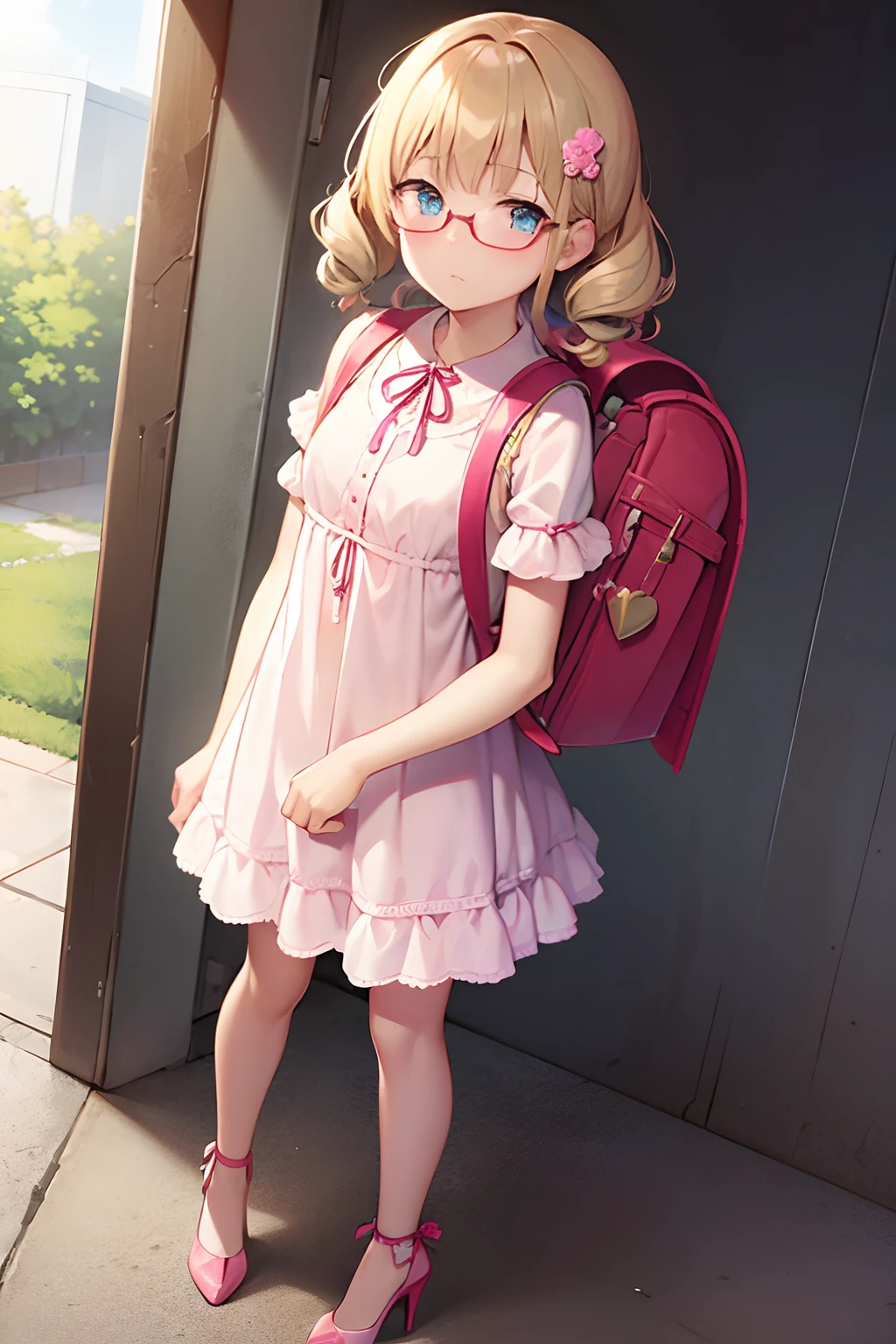 Masterpiece, 2d, 1girl, anime, blue eyes, golden hair, Curly hair, wear glasses, wear dress, short Sleeve, puffy Sleeve, flower motives, cute dress, neck ribbon, wear high heels, hair ornaments, wear pink randoseru backpack, outdoor, standing, (randoseru backpack:1.0)