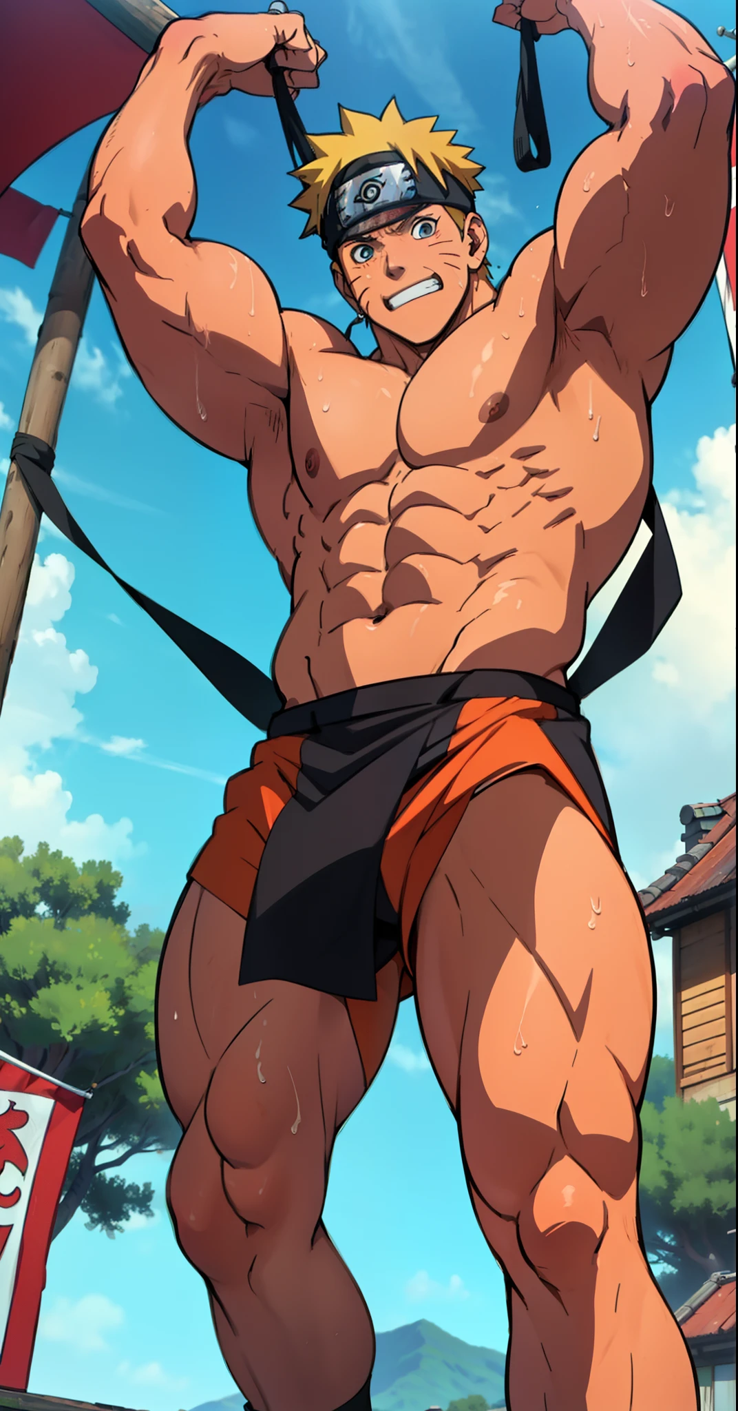 (Full body) (photo subject: Close-up of muscular thigh muscles ) (photo angle from bottom up)(Drawings of Naruto anime) (photo angle from the ground upwards) [Anime photo][highest quality photo][4k,HD photo quality]  wear tight loincloths (muscular thigh muscles, firm thigh muscles, muscular thigh muscles, sinewy thigh muscles, giant thigh muscles, strong leg muscles, muscular hamstring leg muscles) ,Uzumaki Naruto fun, happy,bodybuilder,bodybuilding, standing, red skin,reddish brown skin, lots of sweat flowing down, topless, shirtless, hot sunny, (do not wear banners,do not wear headbands)