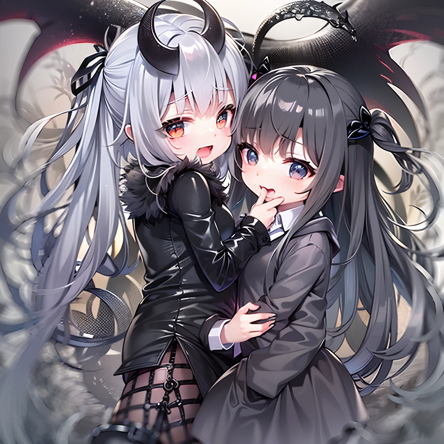 A silver-haired little loli about five years old holds a five-year-old black-haired loli,The two loli hugged each other,None of them wore shoes。The silver-haired loli arm transforms into a venom parasitic black-haired loli。The silver-haired loli wears a black latex suit made of venom,Brunette loli wearing Lolita。A silver-haired loli who transforms into Venom。The black-haired loli showed a terrified expression,The body of the black-haired loli was crawling with black latex。The silver-haired loli smiled sickly。