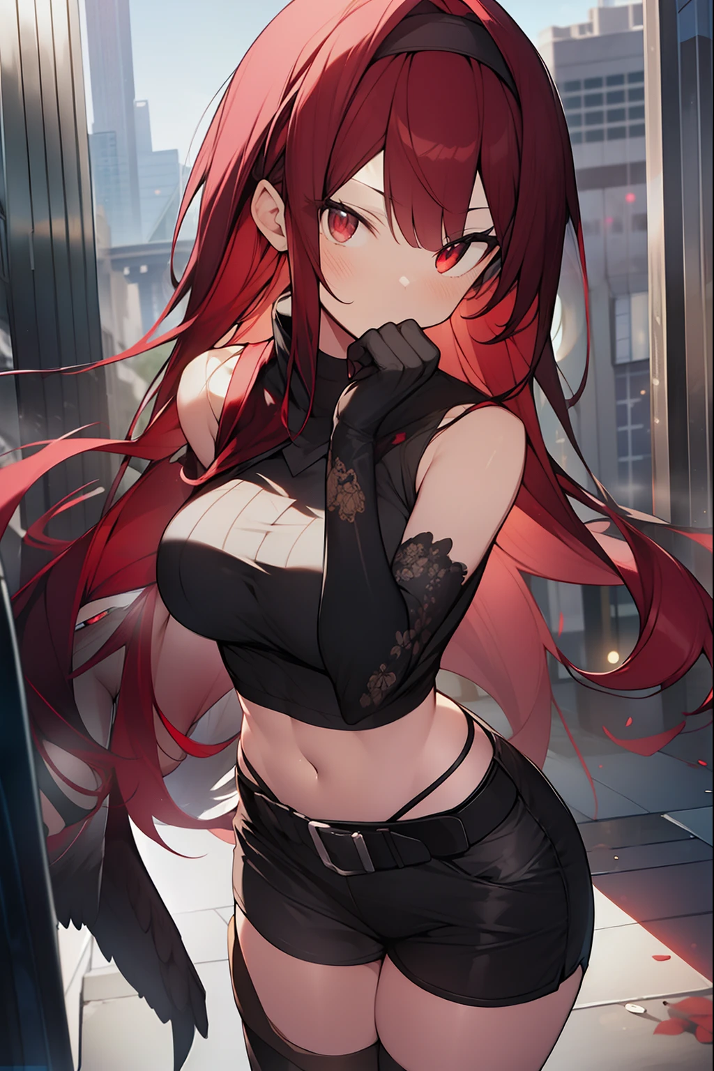 A beautiful anime girl with vibrant red hair and captivating blue eyes, wearing a short skirt and an open shirt that reveals a black and red lace bra, 1girl, detailed face, beautiful detailed eyes, dynamic pose, 8k, high quality, detailed illustration, digital painting, warm colour palette