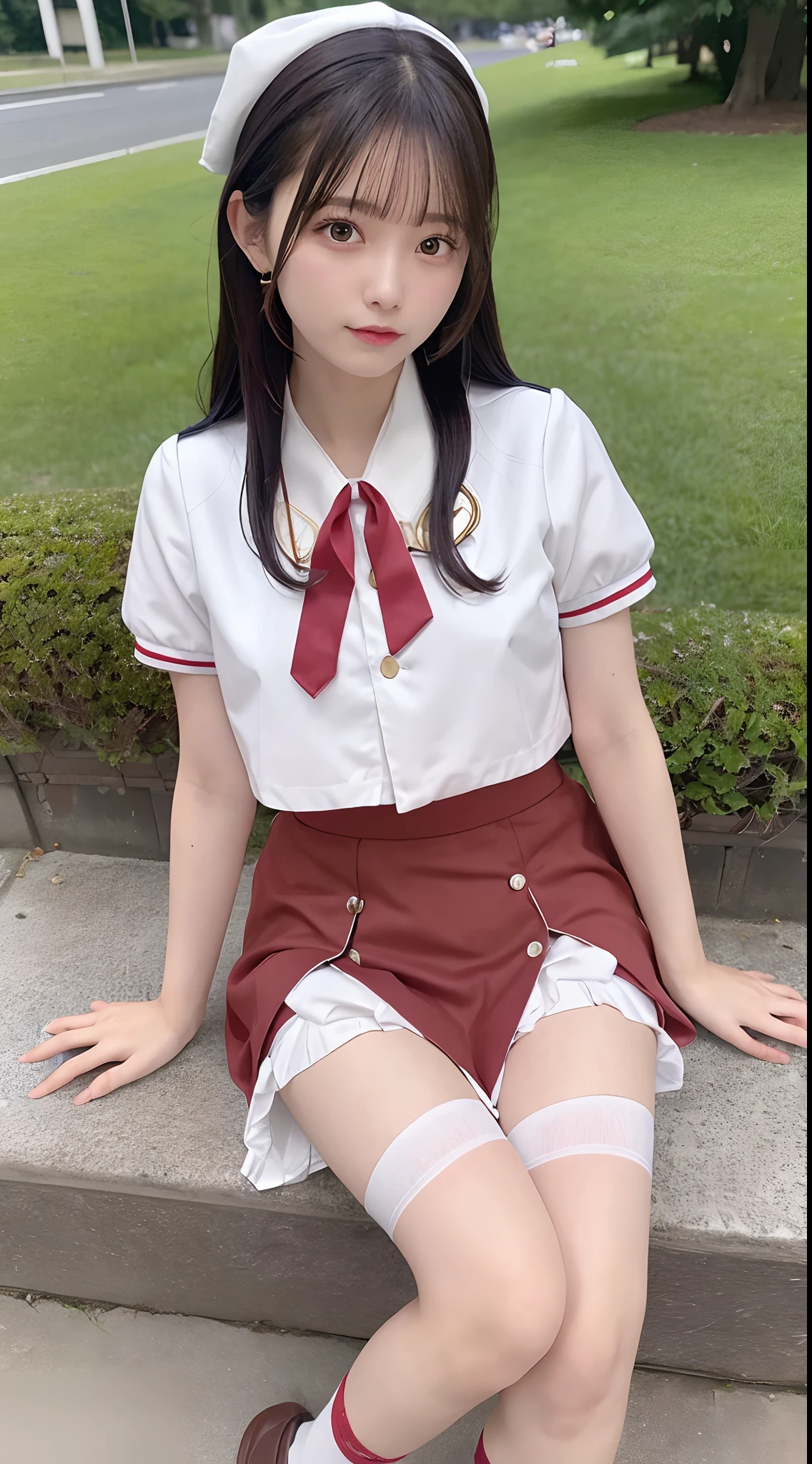 landscape,Distant view,Cinematic Angle,Ultra-detailed, Best Quality, Super fine,Very cute,Mid summer,1girl in,Solo,Dark blue hair,Brown eyes,Medium Long Hair,plein air,,Clear skin,Beautiful skin,Shiny skin, Typical city park,Benches,izumi, Diagonal low angle,The wind blowing through the hair, Under a bright blue sky, BREAK, Looking at Viewer, Finger pointing, BREAK, (embarrassed:1.1),sleepy, (White sailor suit with red ribbon),(Mini skirt),(dark-blue skirt),(red neckerchief),(White socks),(Dark brown shoes),(Short sleeve), (Under the skirt), ((rollup skirt):1.2)