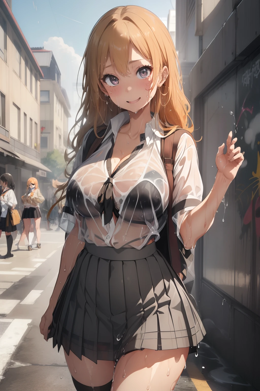 (​masterpiece、top-quality、top-quality、Beautifully Aesthetic:1.2)、ighly detailed、highestdetailed、grey  eyes、orange color hair|Semi-long blonde hair、cleavage of the breast、((School Uniforms))、((Black bra))、Matsumoto Rangiku、graffiti art、Look at the viewer、A smile、Shower room、((whole body Dripping wet))、(Black underwear)、((Clothes are see-through))、(a miniskirt)、(Plaid skirt)