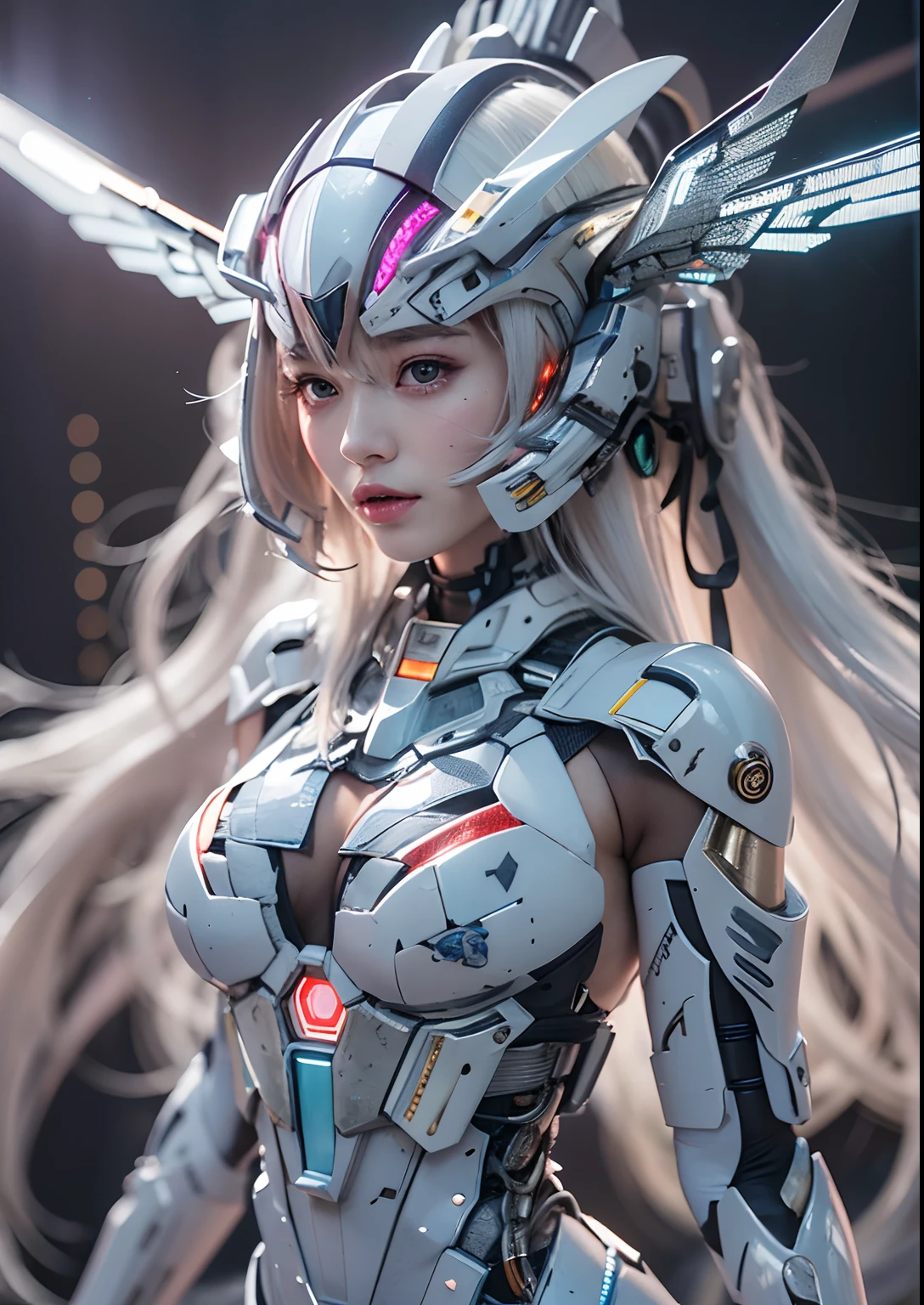 top-quality、​masterpiece、超A high resolution、(Photorealsitic:1.4)、Raw photo、Battle Cyborg Angel、large wings made of metal、White porcelain body、Acrylic Clear Cover、white hair、glowy skin、1 Cyborg Girl、((super realistic details))、portlate、globalillumination、Shadow、octan render、8K、ultrasharp、character edge light,Colossal tits、Raw skin is exposed in cleavage、Details of complex ornaments、Double Zeta Gundam details、Hydraulic cylinder、Small LED lamp、highly intricate detail、Realistic light、a purple eye、radiant eyes、Facing the camera、neon details、cowboy shot、Futuristic headgear、About Cyberpunk, ((A superb exquisite USA real beautiful girl))