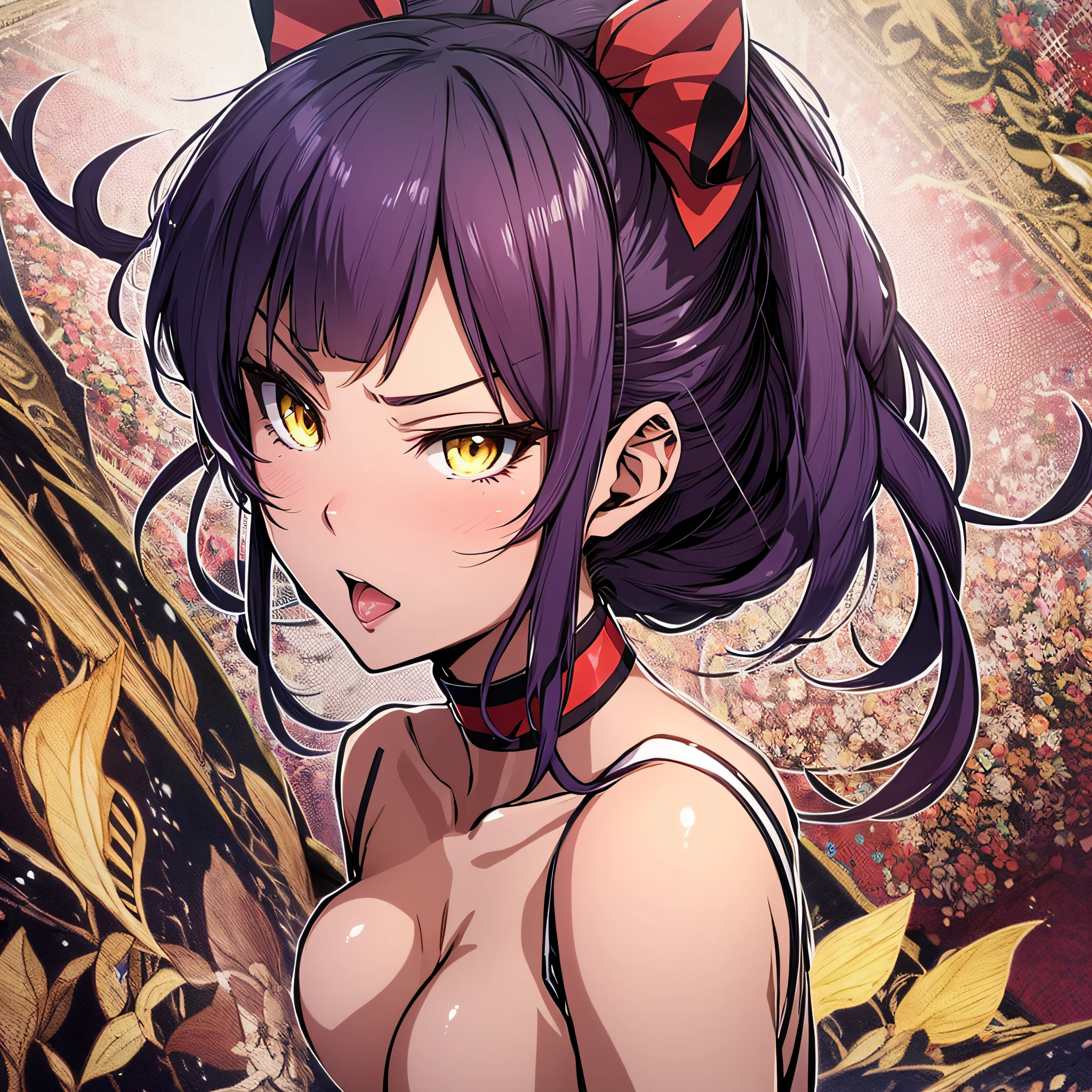 an anime girl、Cat Girl、18year old、Lick a realistic penis 、Purple short ponytail hair、big red ribbon、Yellow Eye、Glaring、Slender figure、small tits、a black choker、fullnude、Red high heels、facial close-up、accurate human body、