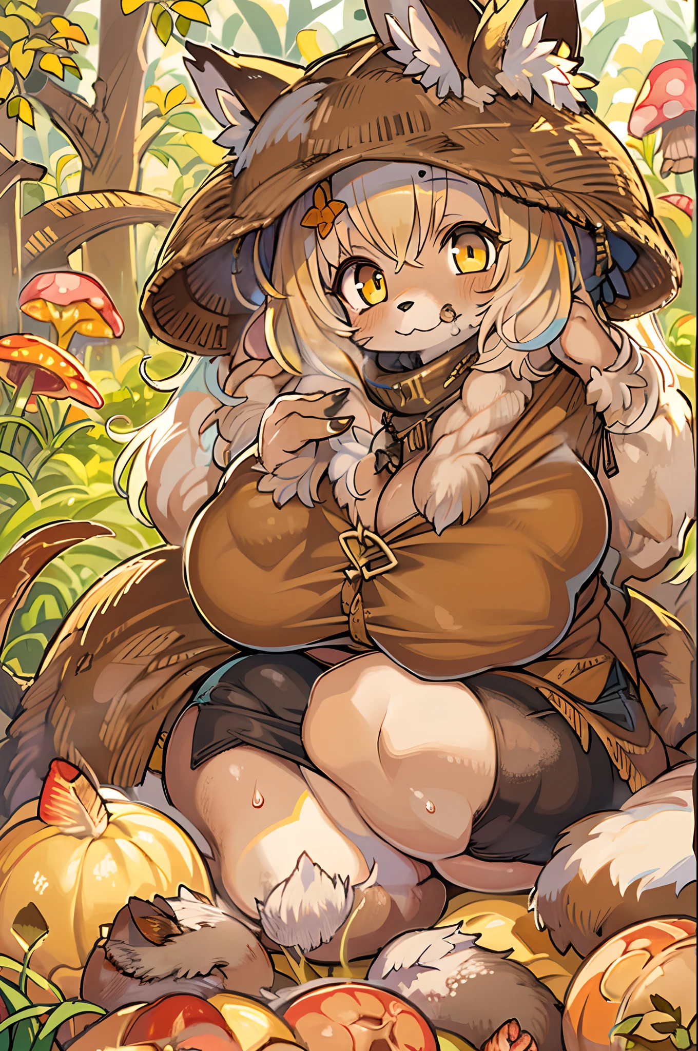 Fox, (Monster Girl), long brown ears with a dark brown inside,,,,,, brown fur, Sunburned neck fluff, brown fluffy tail with a yellow-brown tip,,,,,, Big brown eyes, wearing modest clothing, Sitting in the mushroom garden, masutepiece, Best Quality、autumnal,bbw