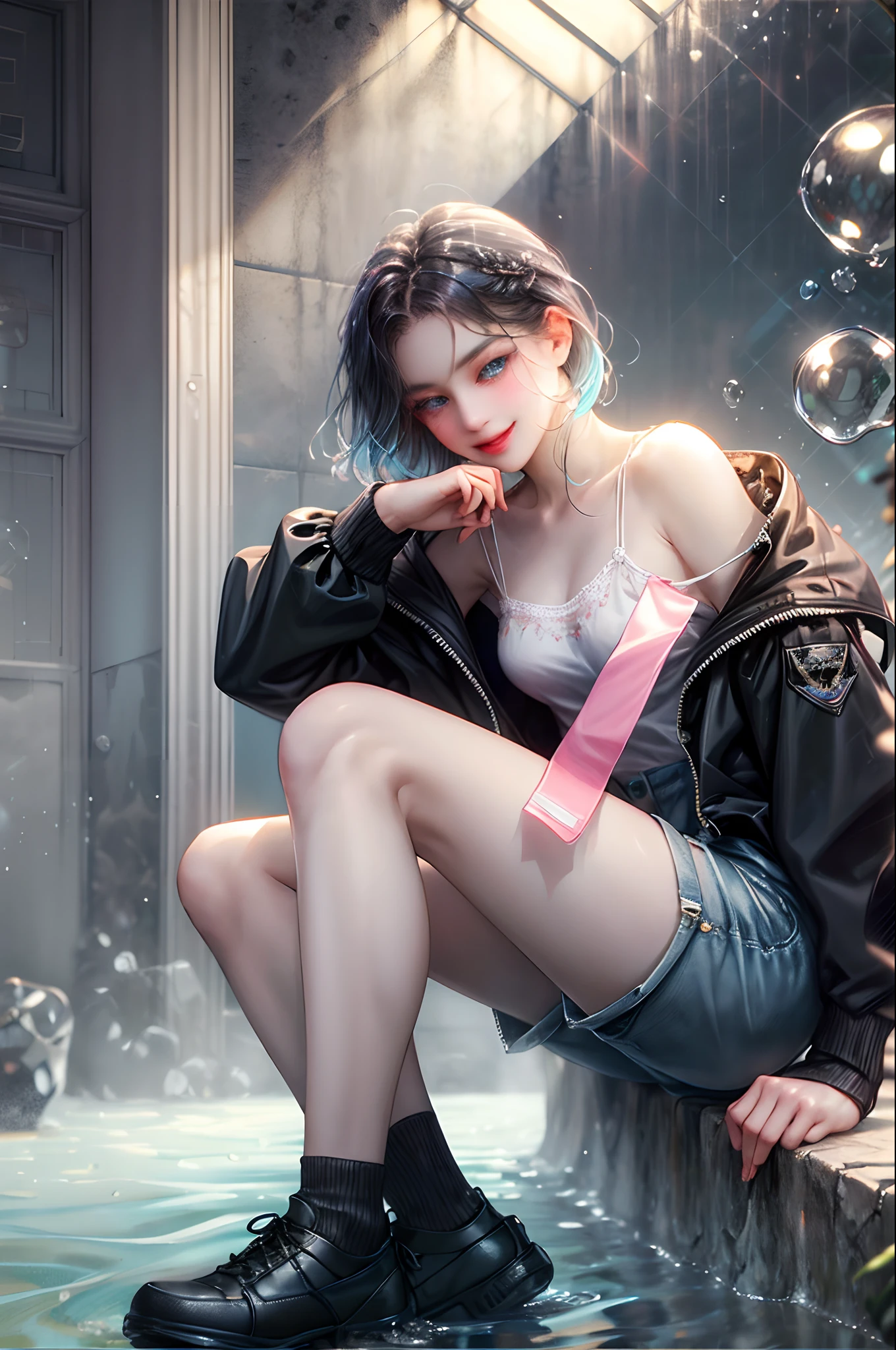 ((top-quality)), ((masterpiece)), ((ultra-detailliert)), (extremely delicate and beautiful), girl with, 独奏, cold attitude,((Black jacket)),She is very(relax)with the(Settled down)Looks,A dark-haired, depth of fields,evil smile,Bubble, under the water, Air bubble,bright light blue eyes,Inner color with black hair and light blue tips,Cold background,Bob Hair - Linear Art, shortpants、knee high socks、Camisole inner shirt