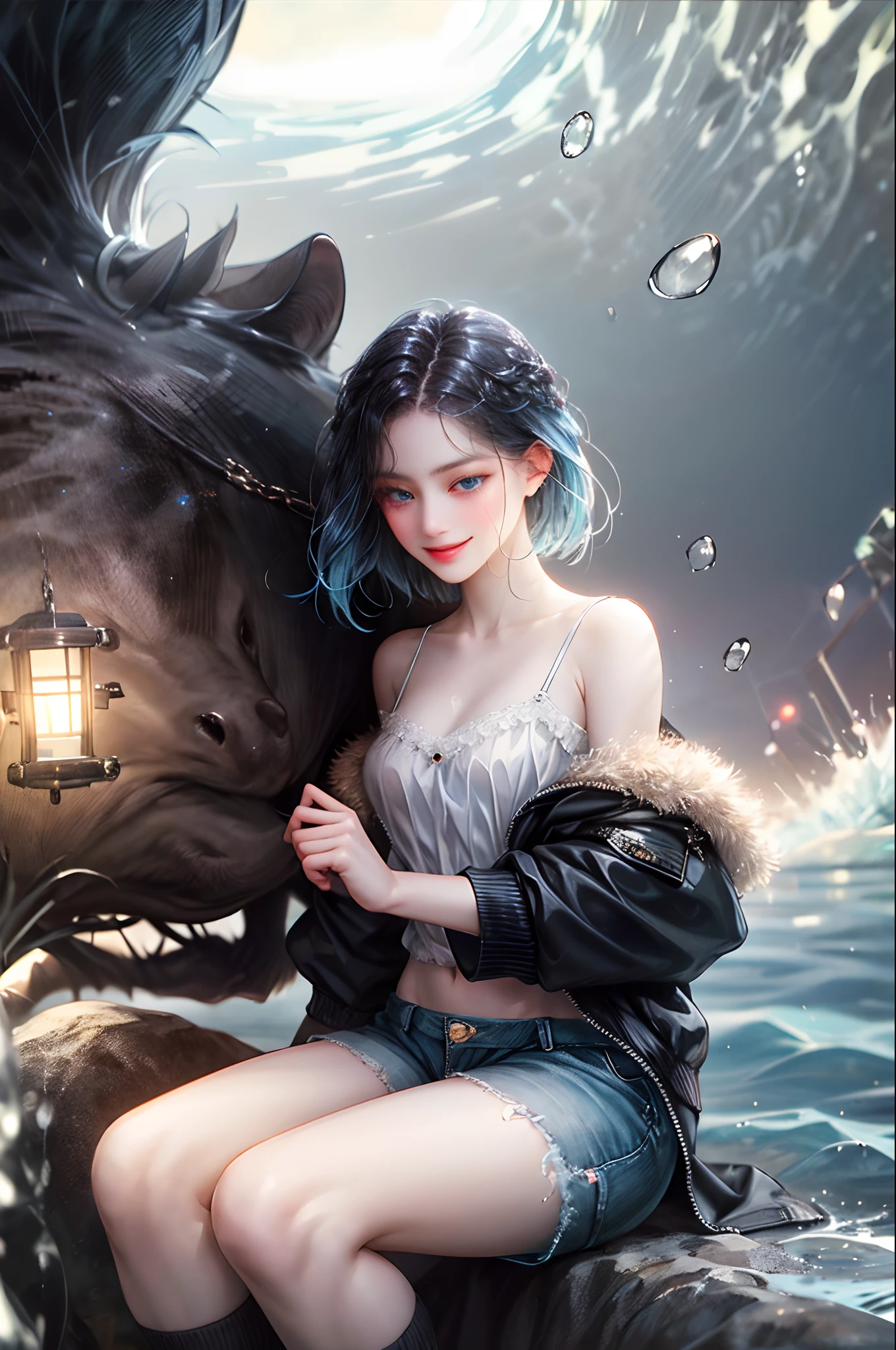 ((top-quality)), ((masterpiece)), ((ultra-detailliert)), (extremely delicate and beautiful), girl with, 独奏, cold attitude,((Black jacket)),She is very(relax)with the(Settled down)Looks,A dark-haired, depth of fields,evil smile,Bubble, under the water, Air bubble,bright light blue eyes,Inner color with black hair and light blue tips,Cold background,Bob Hair - Linear Art, shortpants、knee high socks、Camisole inner shirt