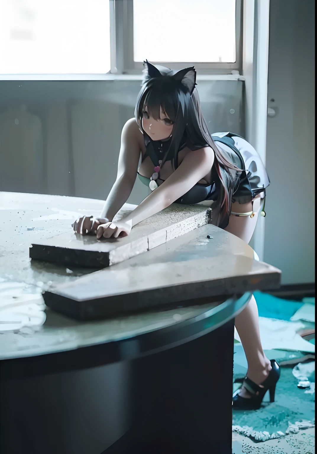 Attractive cat girl, Anime girl cosplay, Sexy pose, sittinng on the desk, beautiful young catgirl, Lie on the table, On a table, very beautiful cute catgirl, sexy dominant pose,