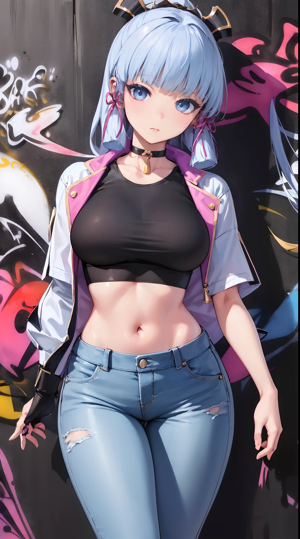 kamisato ayaka|genshin impact, master-piece, bestquality, 1girls,25 years old, proportional body, elongated legs, Beautiful, proportional., crop top, Long Jeans, mediuml breasts, ,bara, crop top, choker, (Graffiti:1.5), Splash with purple lightning pattern., arm behind back, against wall, View viewers from the front., Thigh strap, Head tilt, bored,(NSTDA.:1.2), (10, beste-Qualit, master-piece: 1.4), Beautiful red hair, ultra-high resolution, (lifelike, photorealistic portrait: 1.48), 20 age, Cute Girl, (Looking Through Crop Tops.), Famous Japanese actors, beautiful clear eyes, Head tilt, cowboy shot, from the front, looking at the audience, expressionless, Beautiful lake, Zeiss 150mm F/ 2.8 Hasselblad,  Whole body, foot, Ultra-Wide Angle,