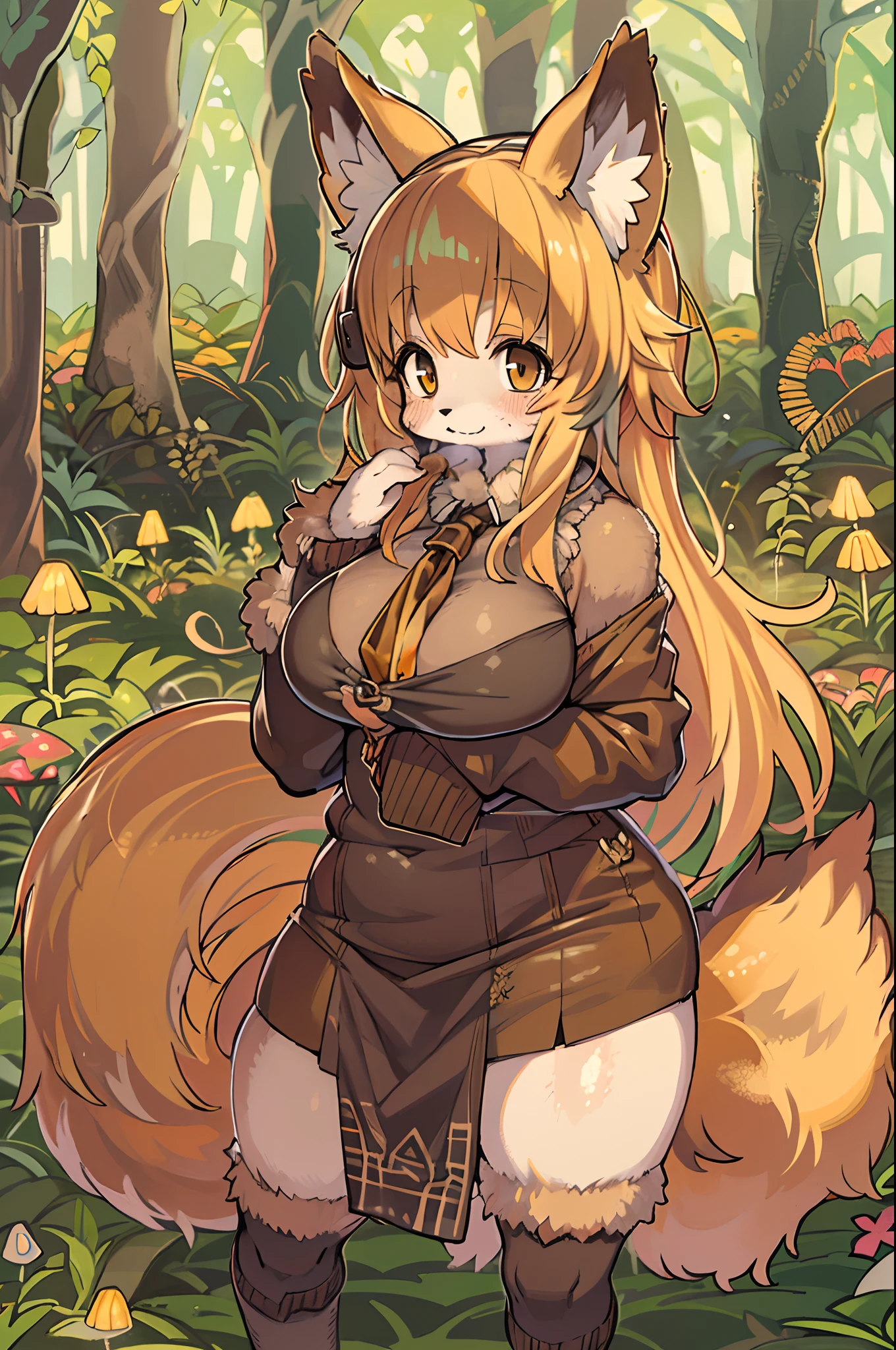 Fox, (Monster Girl), long brown ears with a dark brown inside,,,,,, brown fur, Sunburned neck fluff, brown fluffy tail with a yellow-brown tip,,,,,, Big brown eyes, wearing modest clothing, Sitting in the mushroom garden, masutepiece, Best Quality、autumnal,bbw