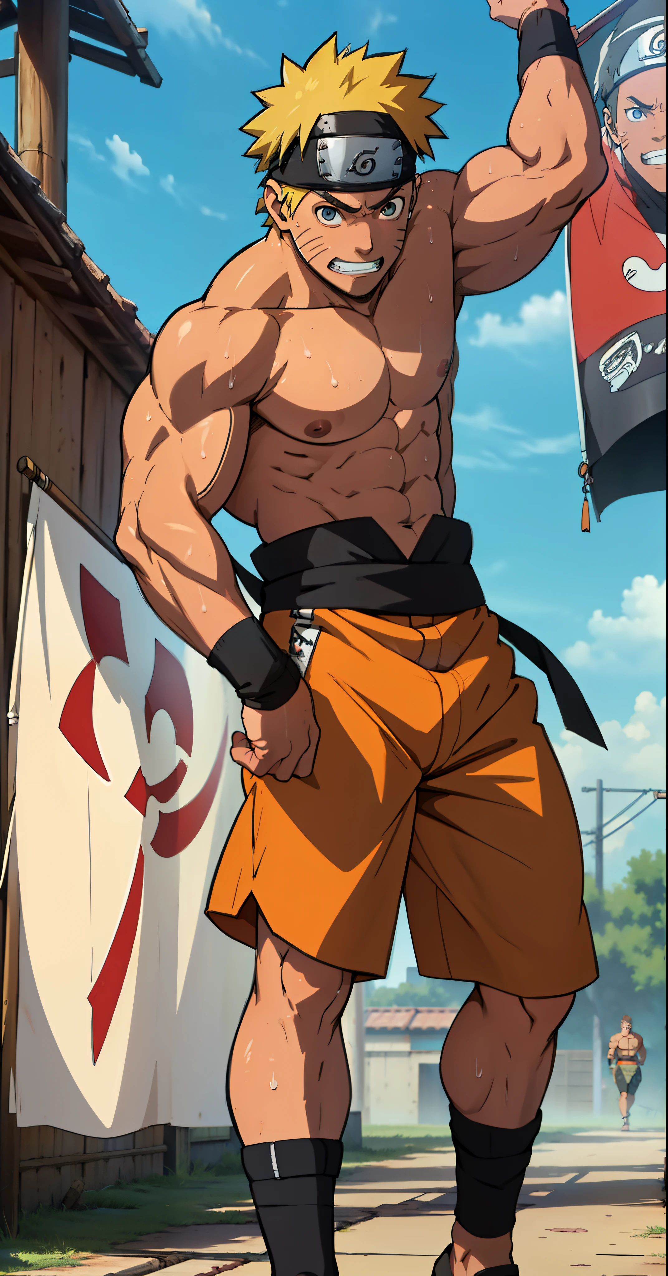 (Full body) (photo subject: Close-up of muscular thigh muscles ) (photo angle from bottom up)(Drawings of Naruto anime) (photo angle from the ground upwards) [Anime photo][highest quality photo][4k,HD photo quality]  wear tight loincloths (muscular thigh muscles, firm thigh muscles, muscular thigh muscles, sinewy thigh muscles, giant thigh muscles, strong leg muscles, muscular hamstring leg muscles) ,Uzumaki Naruto fun, happy,bodybuilder,bodybuilding, standing, red skin,reddish brown skin, lots of sweat flowing down, topless, shirtless, hot sunny, (do not wear banners,do not wear headbands)