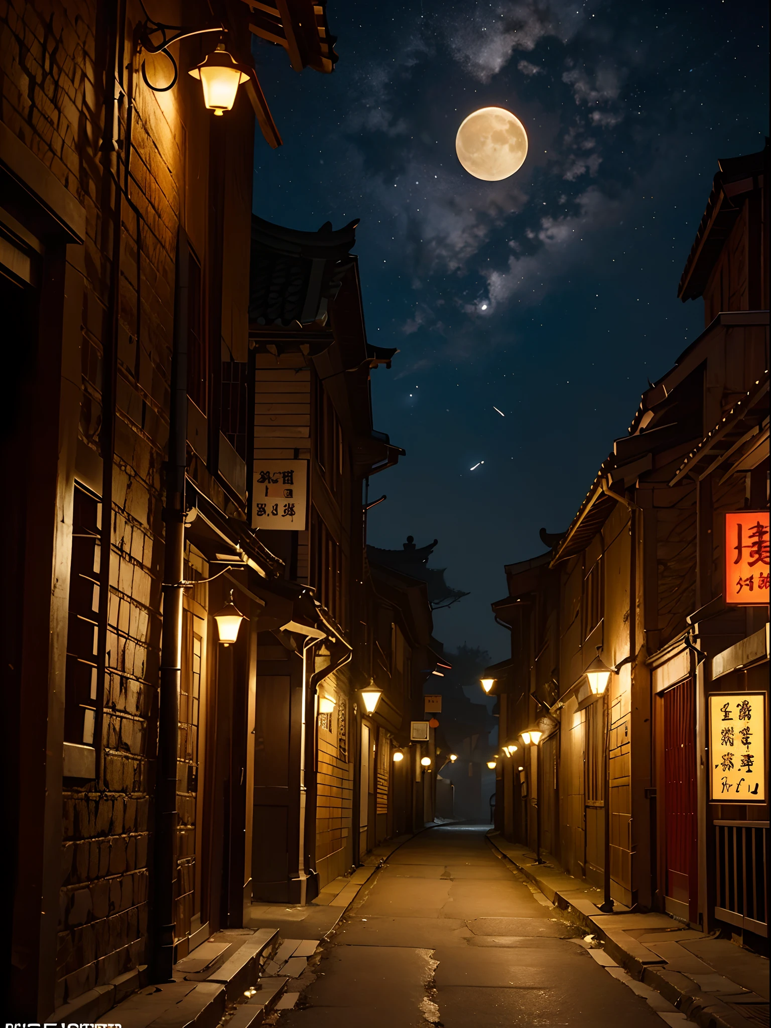 Official Art, Ancient China, Ancient Streets, (Lots of Fireflies), (Night), (Moon), Lights, Beautiful Landscapes, Epic Landscapes, Realistic Lights, Masterpiece, High Quality, Beautiful Graphics, High Detail , Global Illumination, Unreal Engine Rendering, Octane Rendering, (HDR: 1.3)