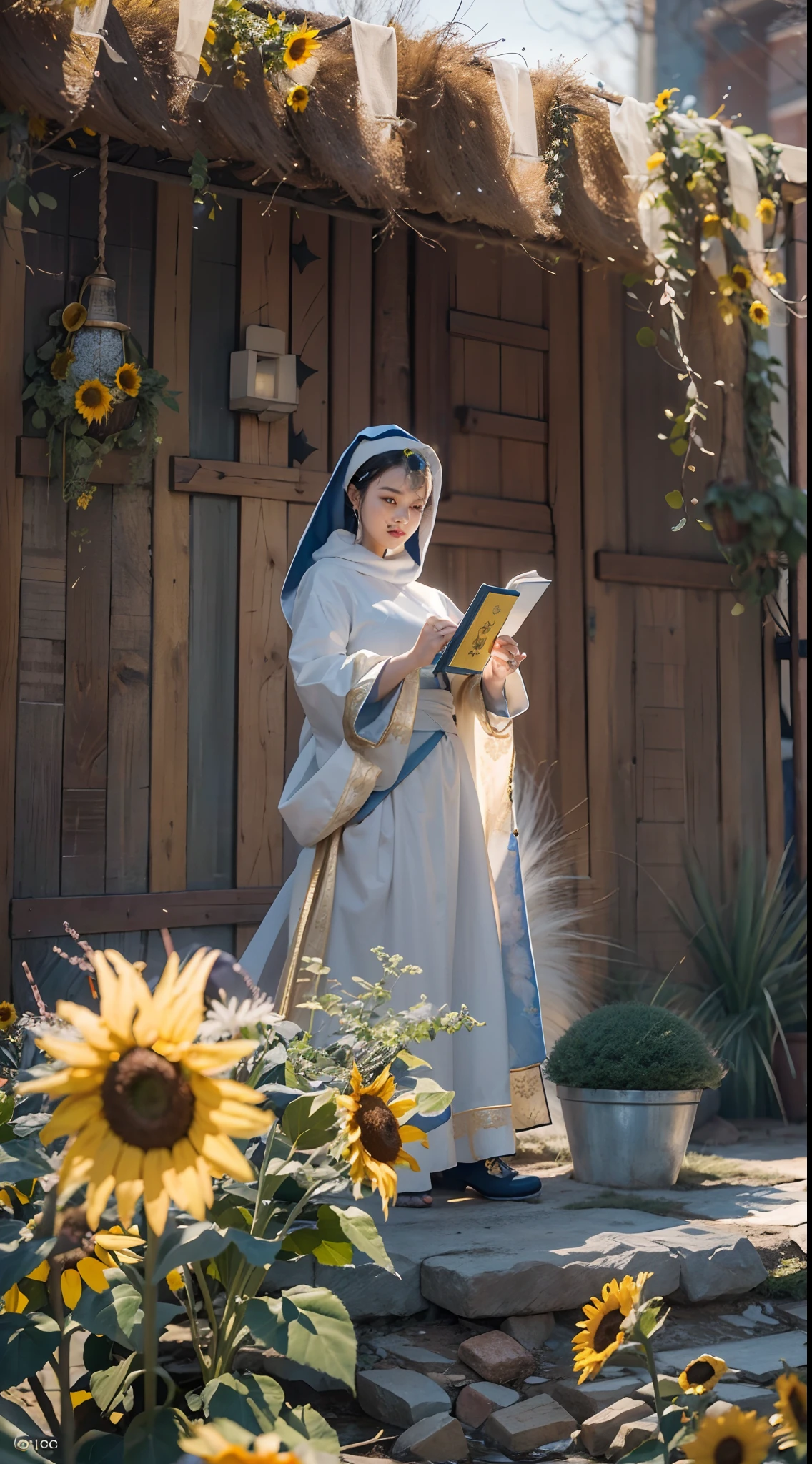 In a very grand scene,The extra-large wide-angle lens captures the appearance of a female centaur。She is a Sunflower Worship nun,Always opposed(Healing smiley face of knitted sunflower puppet😊:99.99)DOA。She is tall,It has the ultimate curvy beauty,The muscles are slender and firm,Beautiful lines。She has(Super huge sky blue eyes:99.99)、always(Wearing sexy glasses:6.66)、(She wears solemn nun attire:9.9)、Stepping on a boot-style skyscraper-heel、A pink cross hangs on his chest。Use Midjourney's advanced tools,Designed for female centaurs(A knitted sunflower puppet and create a super healing cartoon smiley face in the center of the flower tray as a decoration:9.9),and noble and solemn nun costumes,and highlight her unique physiological characteristics and appearance details,Add realism。And in the context of her prayers and listening to confessions,Spectacular views of nature,Such as the sky where storms and sunny days alternate、Brilliant rivers of stars and auroras、The snow-capped summit of Mount Everest、Fireworks in the mountain town, etc。ao mesmo tempo,Away from the hustle and bustle next to the chapel,Create a fantastic scene。Use Midjourney's advanced tools and multiple color palettes、Brush Strokes、Texture tools and model packages,It shows a sense of atmosphere where beauty and charm coexist。The charm of the female centaur is highlighted through color and lines,Enhance realism with detailing,Create a surreal dreamy feeling。Additionally,Use Midjourney's tools to add various exorcism props and books to the female centaur、pergaminhos,Create intricate hairstyles and outfits,Give her a sense of premium。She never flinches,No matter what monster you encounter,can respond quickly,Even the most extreme armies of natural disasters and monsters could not stop her and her front(Sunflower with Tyndall effect that emits sunlight9.99)。Use Midjourney's powerful tools,You can do it with incredible detail and beauty,Bring this ultra-grand and beautiful scene to life。Ultra-grand scenes,s
