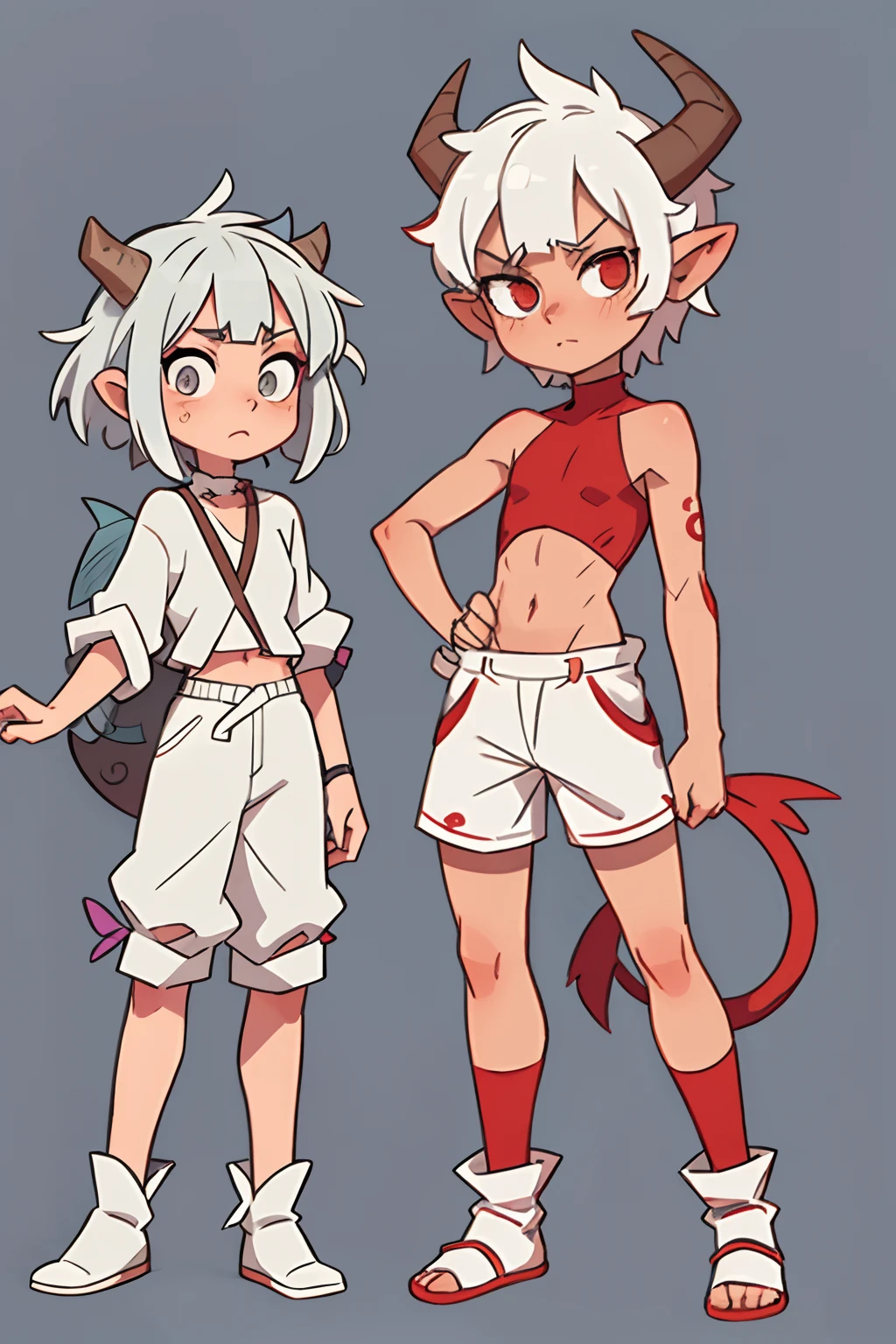 Gray troll boy with horns, white hair, Hippie-style clothing, with fish tail