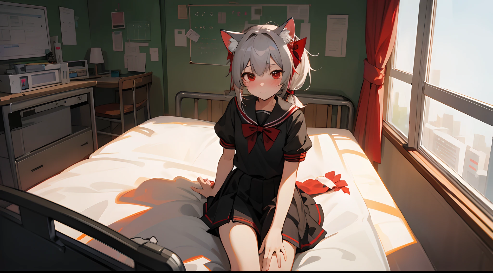 Masterpiece: 1.6, Best Quality: 1.4, Live Image: 1.2, intricate details: 1.2, Graphicsournerv2: 1.2, petite girl, gray hair, red eyes color, tsundere, pony tail, cat ears, ((black school uniform with red bow、short sleeves)), adult girl, sitting in a hospital bed, Hospital office,Novella