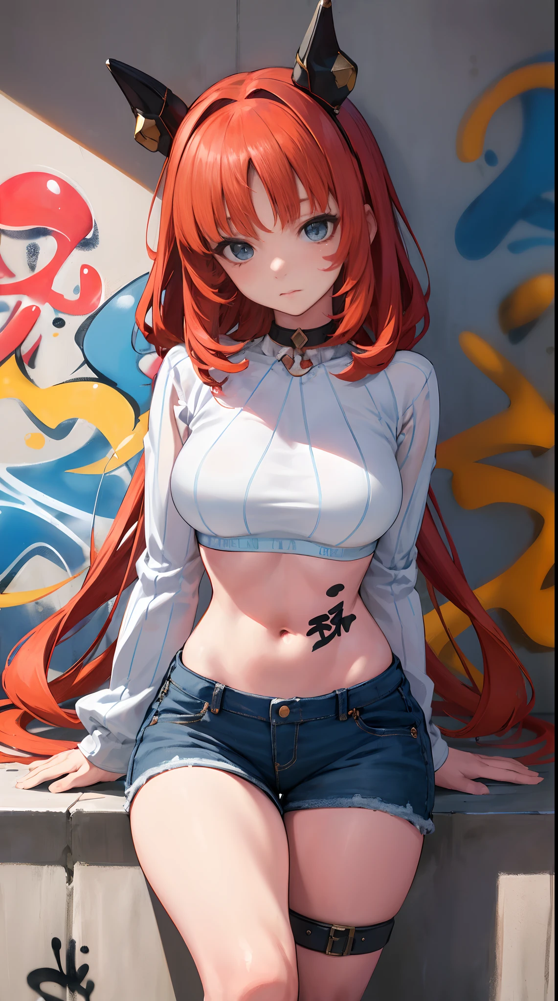 nile|genshin impact, master-piece, bestquality, 1girls,25 years old, proportional body, elongated legs, Beautiful, proportional., crop top, Long Jeans, mediuml breasts, ,bara, crop top, choker, (Graffiti:1.5), Splash with purple lightning pattern., arm behind back, against wall, View viewers from the front., Thigh strap, Head tilt, bored,(NSTDA.:1.2), (10, beste-Qualit, master-piece: 1.4), Beautiful red hair, ultra-high resolution, (lifelike, photorealistic portrait: 1.48), 20 age, Cute Girl, (Looking Through Crop Tops.), Famous Japanese actors, beautiful clear eyes, Head tilt, cowboy shot, from the front, looking at the audience, expressionless, Beautiful lake, Zeiss 150mm F/ 2.8 Hasselblad, Whole body, foot, Ultra-Wide Angle,