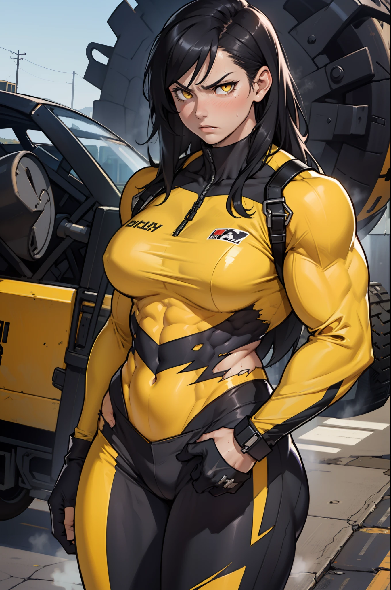 black hair, yellow eyes, solo, sweaty, shiny skin, angry, pale skin, ((((((muscular, 1girl)))))), curvy, thin waist, very long hair, cowboy shot, sweaty, perky breasts, pilot suit, torn clothes