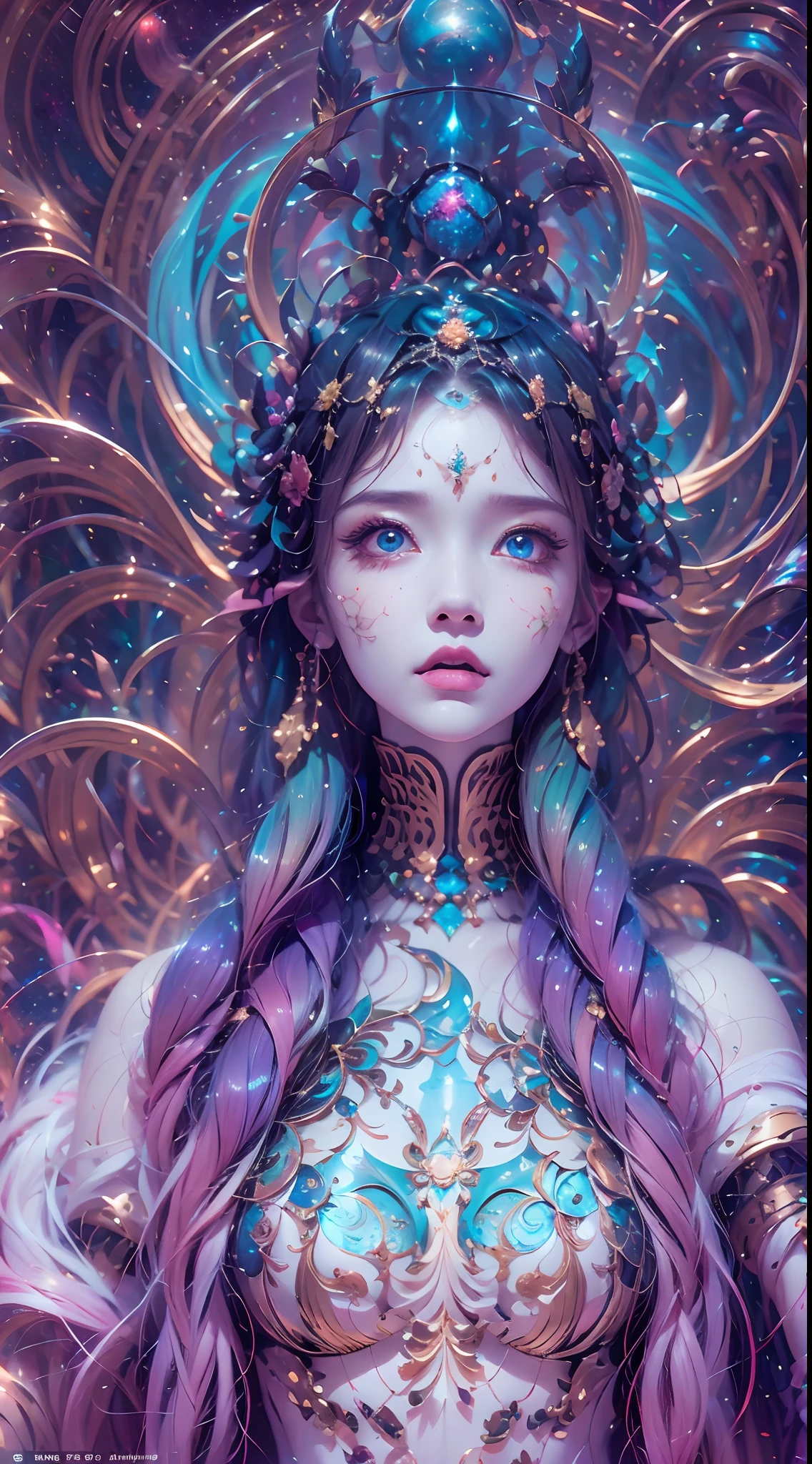 (best qualtiy,ultra - detailed,Most Best Illustration,Best shadow,tmasterpiece,A high resolution,professionalartwork,famousartwork),Sky blue picture style,Detailed eyes,beautidful eyes,closeup cleavage,sci-fy,colored sclera,Robot eyes,face markings,Tattooed with,(fractalized,Fractal eyes),largeeyes,Wide eyes,(Eye focus),sface focus,Cosmic eyes,Space eyes,Close-up of metal sculpture of a woman with a moon in her hair,goddes。extremly high detail,3 d goddess portrait,Extremely detailed footage of the goddess,a stunning portrait of a goddess,Full body close-up portrait of the goddess,hecate goddess,portrait of a norse moon goddess,goddess of space and time,PureErosFace_V1,Urzang-6500-V1 version.1,