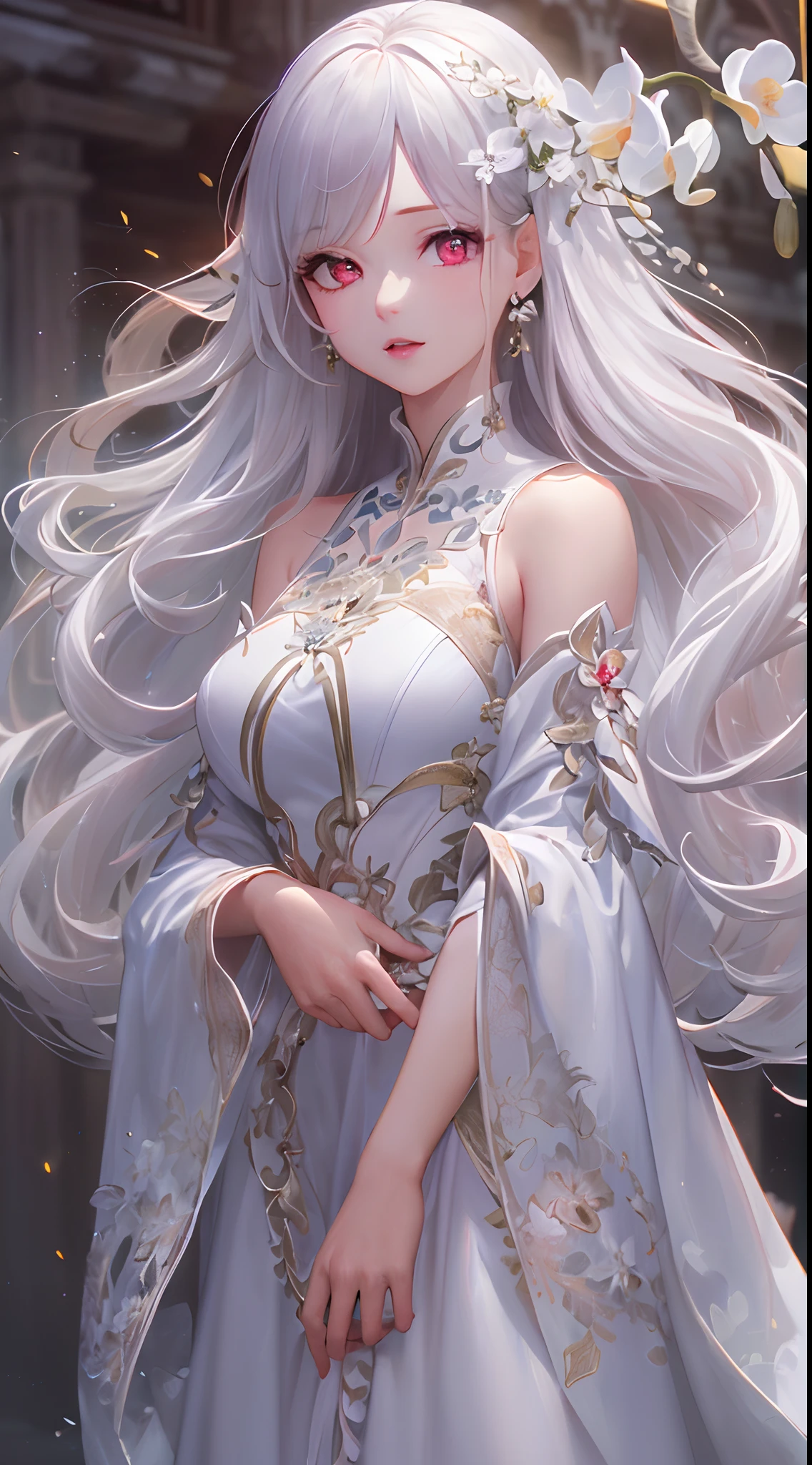 (CG 8k wallpaper extremely detailed, masterpiece, best quality, ultra-detailed), (better lighting, better shadow, extremely delicate and beautiful), floating, high saturation, dynamic angle, ((1girl)), gorgeous, ningguang(orchid evening dress) white hair, red eyes, very long hair, hair ornament, bangs