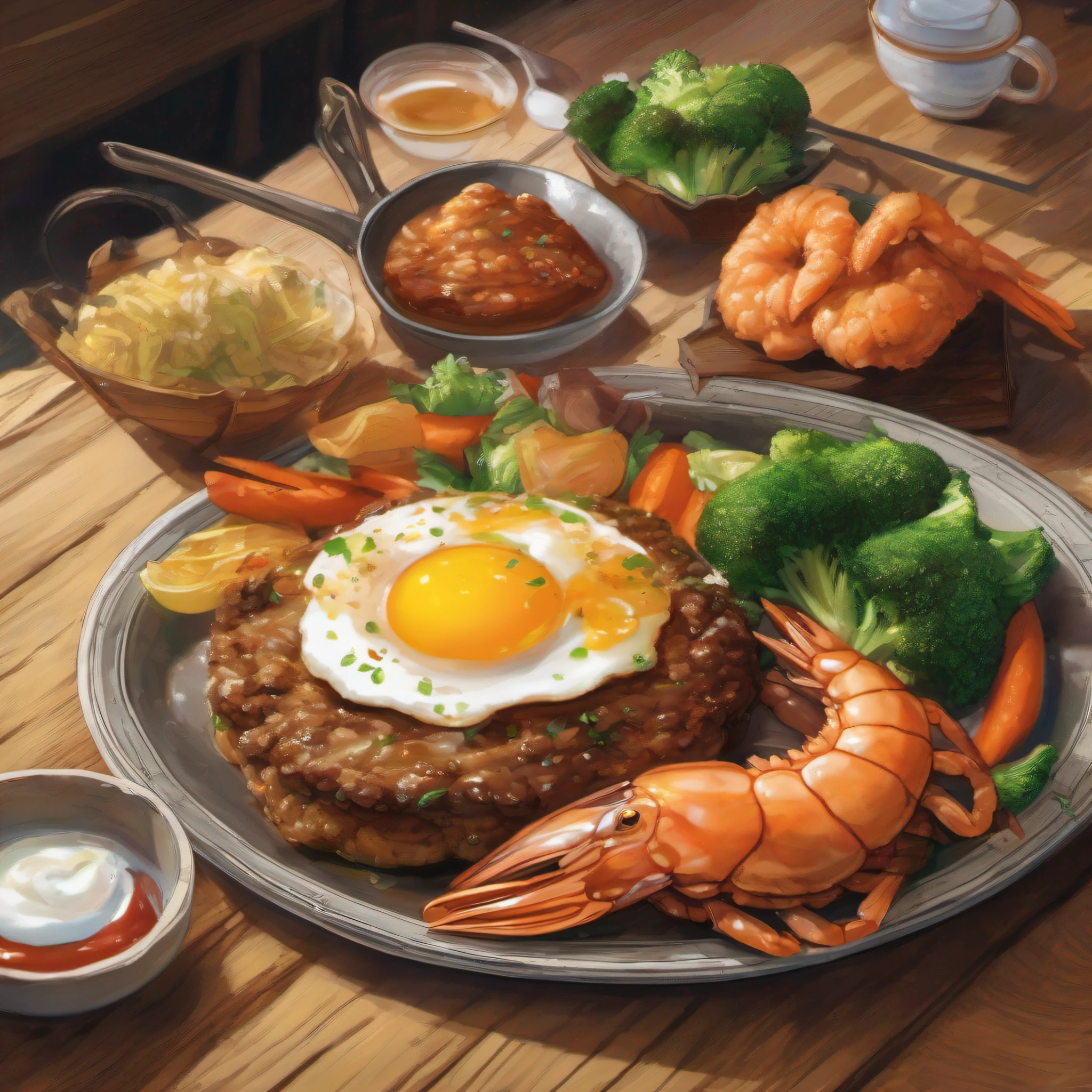 1 hamburger steak with fried egg、broccoli、carrots、Large fried shrimp1One 1dish On a wooden table Large fried shrimp、Large fried shrimp