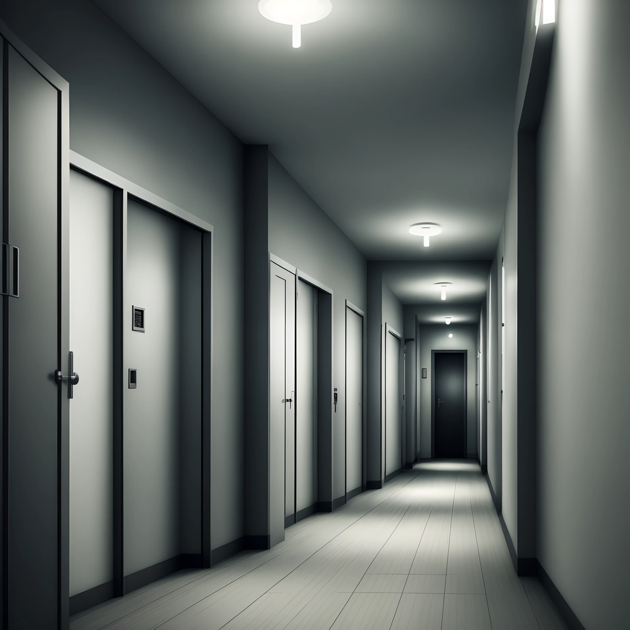 Dark hostel corridor without lights