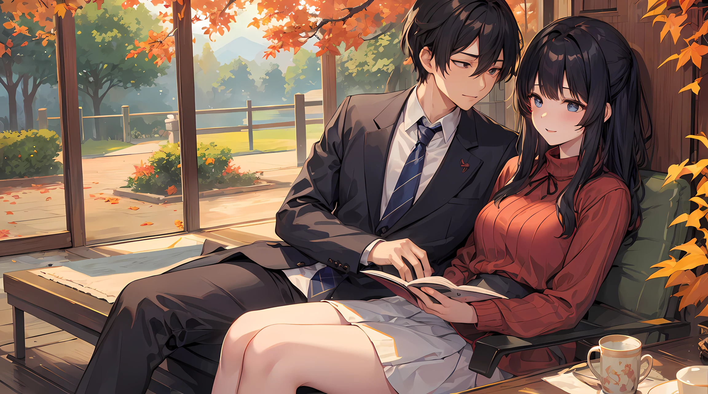 Canada、Colored leaves、Maples、A hill、Maple tree、leaves falling、1man and 1girl, Man is sitting under a tree and reading。Woman sleeping on a man's lap pillow、blissful expression、Korean Drama、Tokkebi、Gong Yoo、Kim Goeun, a man dressed in stylish suit clothes, a woman wearing a long-sleeve sweater, pleats skirt, and Red Muffler、