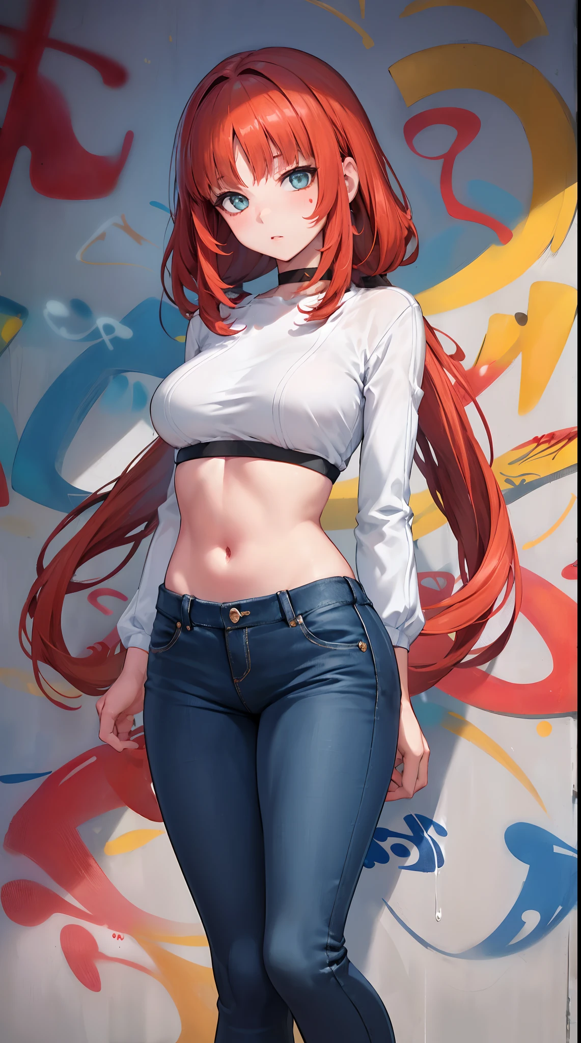 nile|genshin impact, master-piece, bestquality, 1girls,25 years old, proportional body, elongated legs, Beautiful, proportional., crop top, Long Jeans, mediuml breasts, ,bara, crop top, choker, (Graffiti:1.5), Splash with purple lightning pattern., arm behind back, against wall, View viewers from the front., Thigh strap, Head tilt, bored,(NSTDA.:1.2), (10, beste-Qualit, master-piece: 1.4), Beautiful red hair, ultra-high resolution, (lifelike, photorealistic portrait: 1.48), 20 age, Cute Girl, (Looking Through Crop Tops.), Famous Japanese actors, beautiful clear eyes, Head tilt, cowboy shot, from the front, looking at the audience, expressionless, Beautiful lake, Zeiss 150mm F/ 2.8 Hasselblad, Whole body, foot, Ultra-Wide Angle,