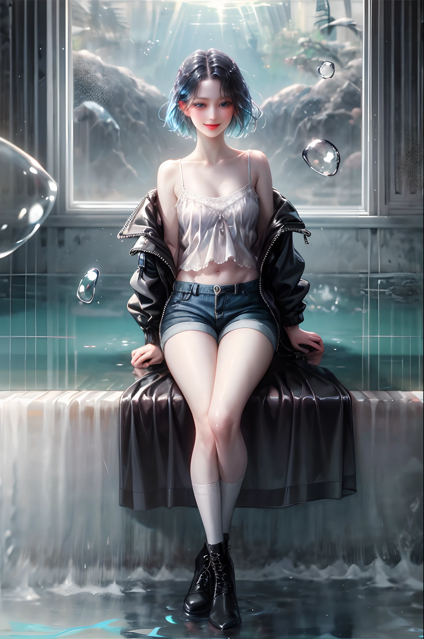 ((top-quality)), ((masterpiece)), ((ultra-detailliert)), (extremely delicate and beautiful), girl with, 独奏, cold attitude,((Black jacket)),She is very(relax)with the(Settled down)Looks,A dark-haired, depth of fields,evil smile,Bubble, under the water, Air bubble,bright light blue eyes,Inner color with black hair and light blue tips,Cold background,Bob Hair - Linear Art, shortpants、knee high socks、Camisole inner shirt