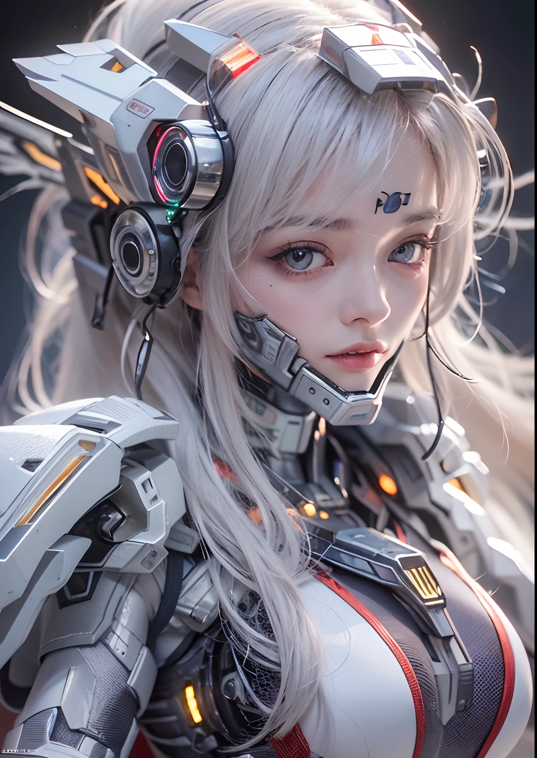 top-quality、masterpiece、超A high resolution、(Photorealsitic:1.4)、Raw photo、Battle Cyborg Angel、large wings made of metal、White porcelain body、Acrylic Clear Cover、white hair、glowy skin、1 Cyborg Girl、((super realistic details))、portlate、globalillumination、Shadow、octan render、8K、ultrasharp、character edge light,Colossal tits、Raw skin is exposed in cleavage、Details of complex ornaments、Double Zeta Gundam details、Hydraulic cylinder、Small LED lamp、highly intricate detail、Realistic light、a purple eye、radiant eyes、Facing the camera、neon details、cowboy shot、Futuristic headgear、About Cyberpunk, ((A superb exquisite Russian real beautiful girl))