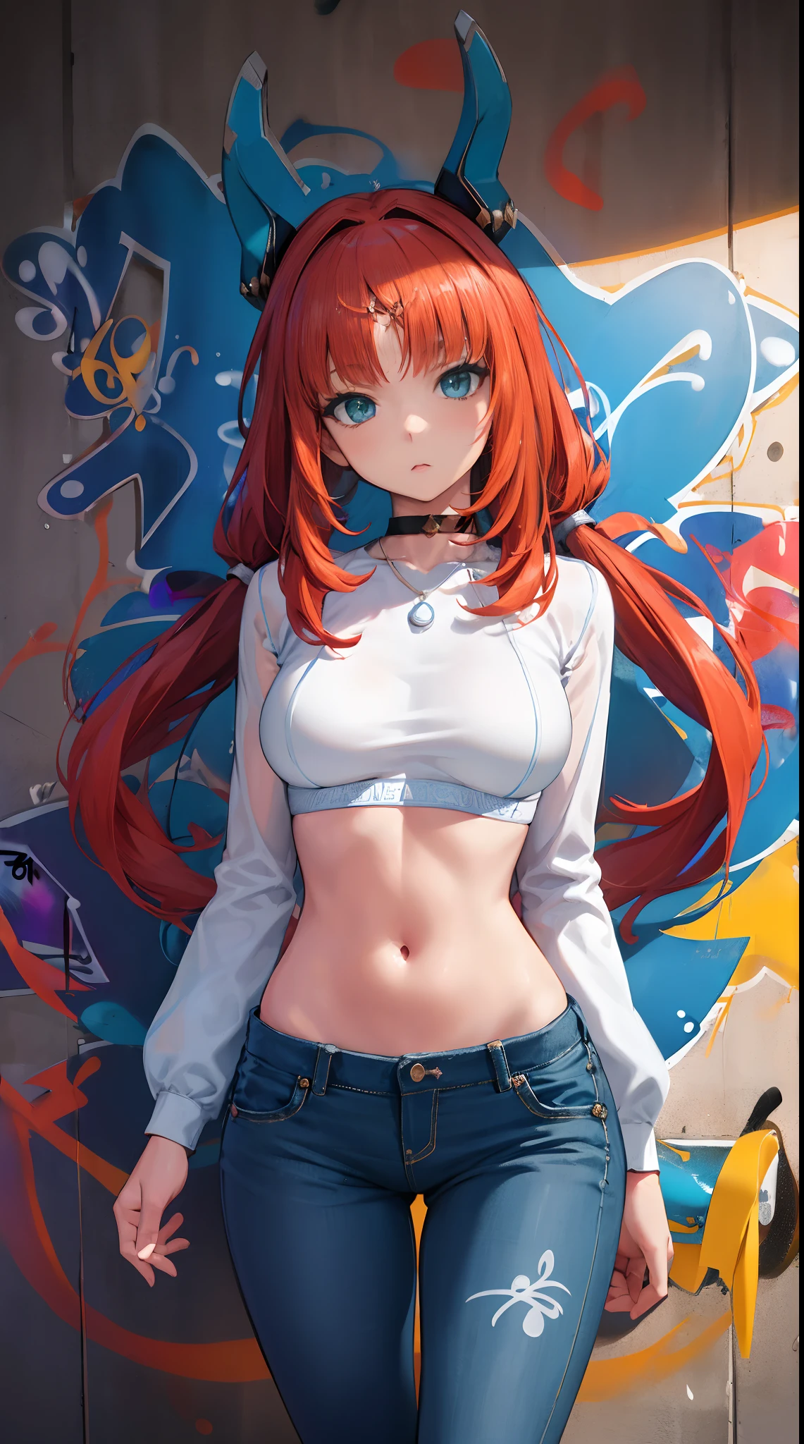 nile|genshin impact, master-piece, bestquality, 1girls,25 years old, proportional body, elongated legs, Beautiful, proportional., crop top, Long Jeans, mediuml breasts, ,bara, crop top, choker, (Graffiti:1.5), Splash with purple lightning pattern., arm behind back, against wall, View viewers from the front., Thigh strap, Head tilt, bored,(NSTDA.:1.2), (10, beste-Qualit, master-piece: 1.4), Beautiful red hair, ultra-high resolution, (lifelike, photorealistic portrait: 1.48), 20 age, Cute Girl, (Looking Through Crop Tops.), Famous Japanese actors, beautiful clear eyes, Head tilt, cowboy shot, from the front, looking at the audience, expressionless, Beautiful lake, Zeiss 150mm F/ 2.8 Hasselblad,  Whole body, foot, Ultra-Wide Angle,