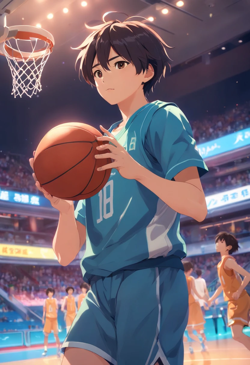 Hombre guapo, Americano, piel blanca, Cabello negro puntiagudo, sonriente, sosteniendo una pelota de baloncesto en su pecho, Physical Education Student, Zona de juegos de baloncesto al aire libre, sin camisa, pantalones de baloncesto, Abs, vello abdominal sexy, Perfectamente proporcionado al cuerpo, labios finos, Rasgos faciales exquisitos