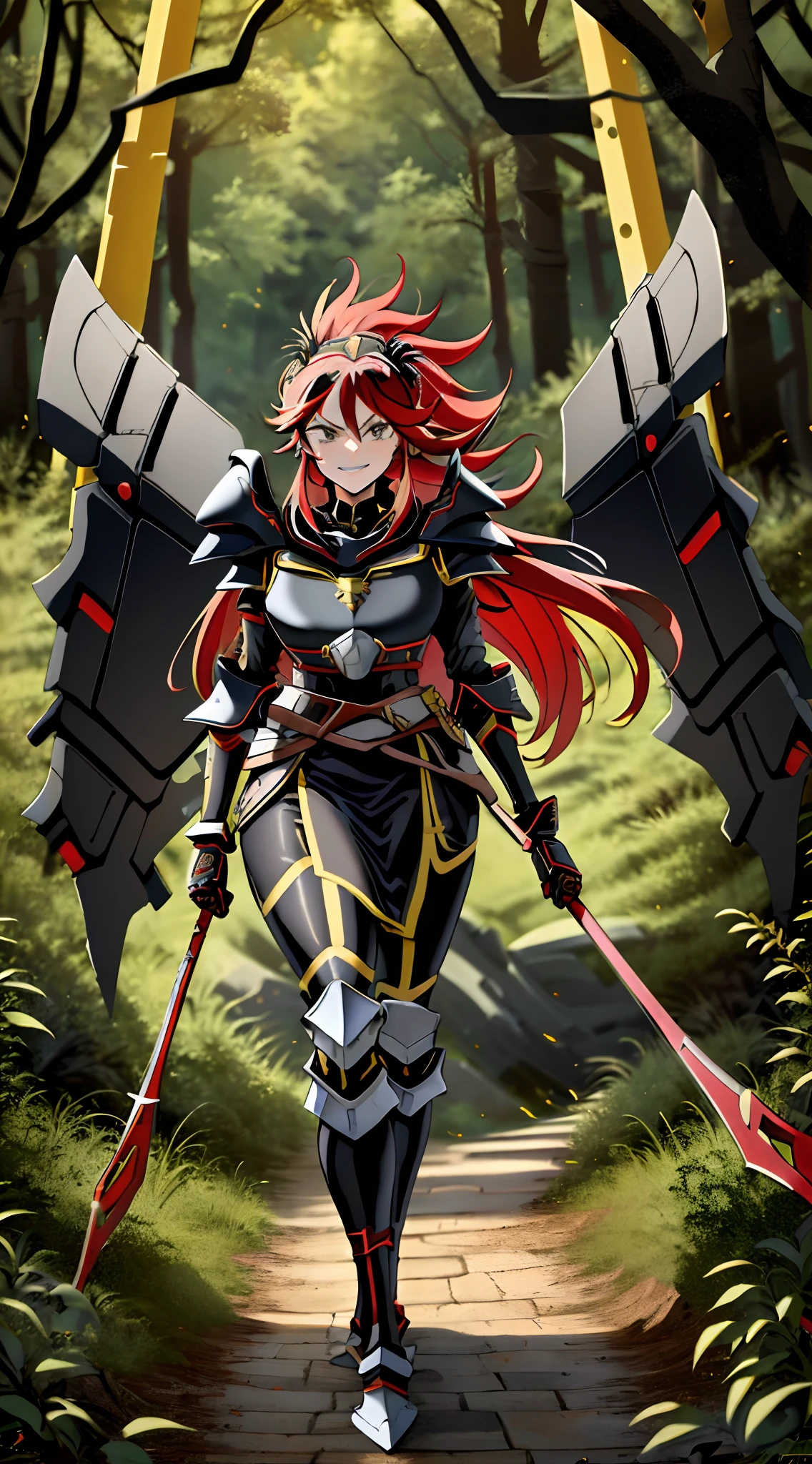 ((Masterpiece, Best Quality)): 1Girl, Princess Ryuko matoi wearing Heavy red black and gold Knight Armor, black knight shoulder pauldrons, heavily armored black knight helmet, heavy mech armor, draconian armor, cyber armor red and black, gold belt, heavy red black dress, long hair, long tapered red dress with gold and black highlights, princess armor, long flowing black dress with red highlights and gold waist belt, red mechsuit, looking at viewer at eye-level, full-body, forest background, forest background with large mountains, heavy armored black gold and red dress, looking at viewer with closed smirk,