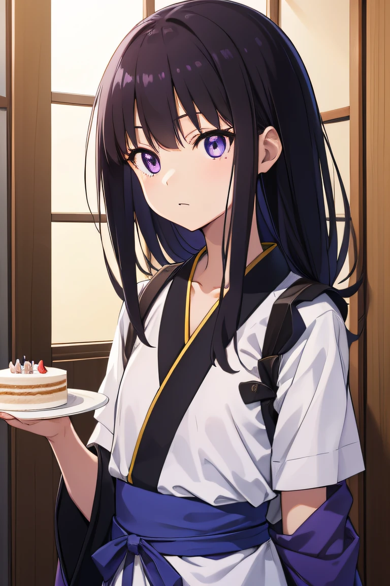 birthday cake, Inoue Takina, Long hair, Bangs, Black hair, Twin-tailed, (Purple eyes:1.2), (tiny chest:1.2), Breaking Japan's clothes, Kimono, Apron, Waist apron, Blue kimono, woman samurai, Break indoors, BREAK (masutepiece:1.2), Best Quality, High resolution, Unity 8k壁纸, (Illustration:0.8), (Beautiful detailed eyes:1.6), extra detailed face, Perfect Lighting, extremely details CG, (Perfect hands, Perfect Anatomy),