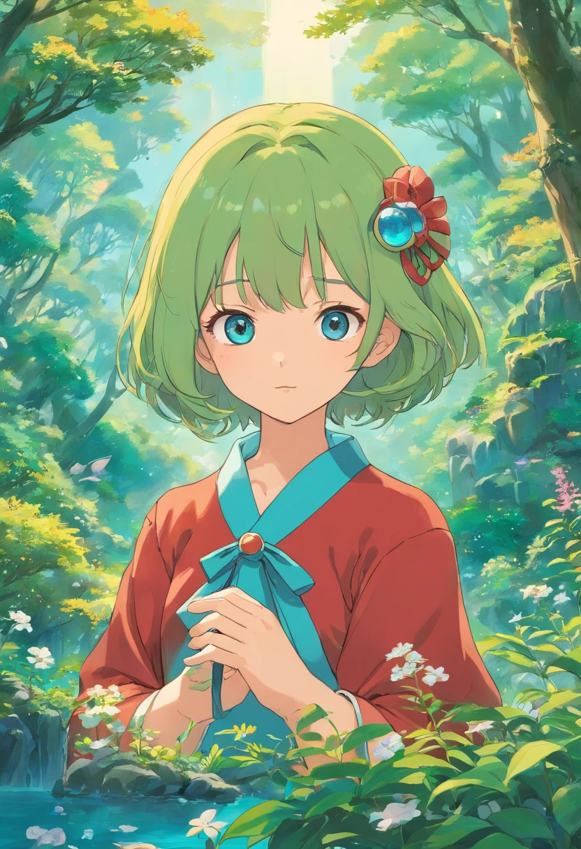 uma menina usando um colar de anime, um colar longo e brincos, no estilo de paisagens de jardim tranquilas, animated color photos, Masami Teraoka, aquamarine, Paulo Gauguin, Estilo Embry, retrato honesto