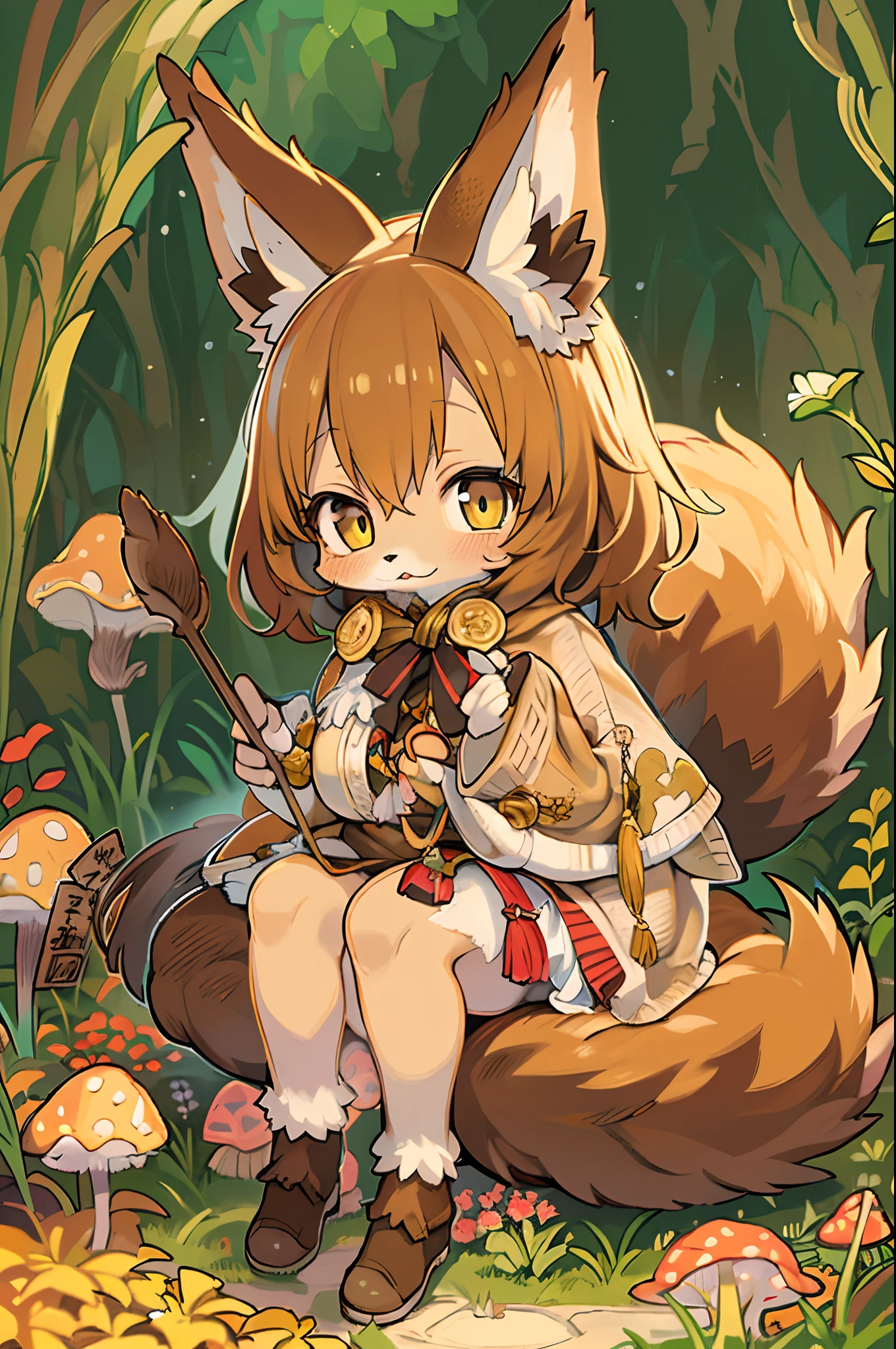 Fox, (Monster Girl), long brown ears with a dark brown inside,,,,,,, brown fur, Sunburned neck fluff, brown fluffy tail with a yellow-brown tip,,,,,,, Big brown eyes, wearing modest clothing, Sitting in the mushroom garden, masutepiece, Best Quality、autumnal,Plump
Waiting to start