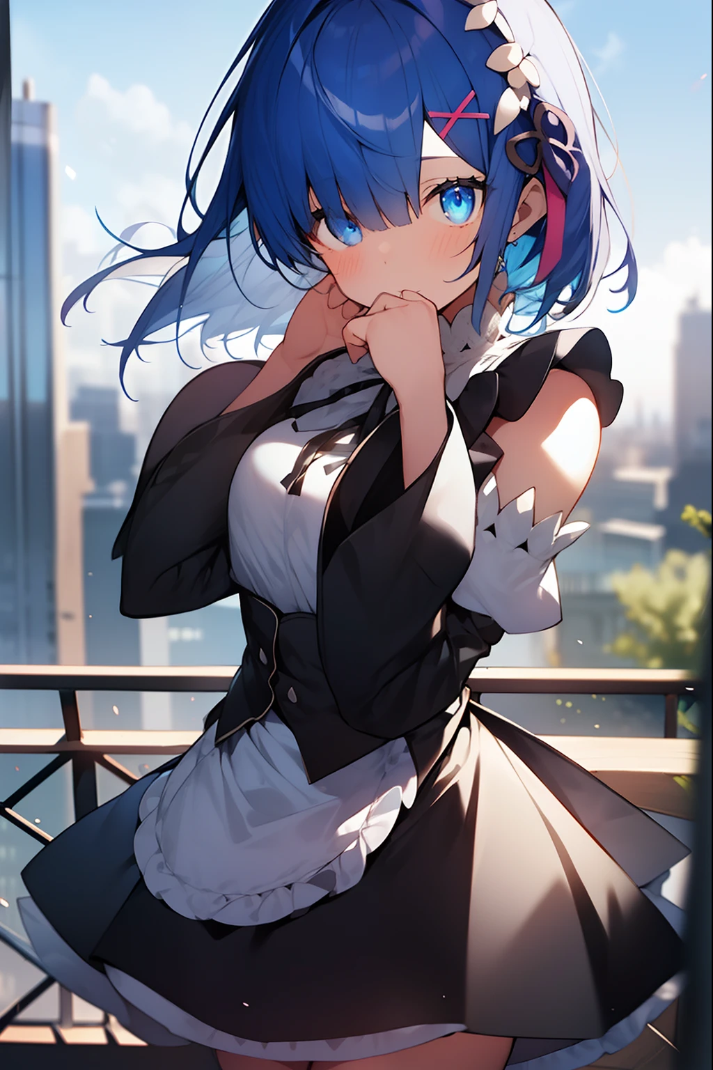 rezerorem, rem, blue eyes, blue hair, hair ornament, hair over one eye, hair ribbon, short hair, x hair ornament,
BREAK apron, black ribbon, black skirt, black sleeves, detached collar, detached sleeves, flower, frilled apron, frilled skirt, frills, head wreath, long sleeves, maid, miniskirt, neck ribbon, purple ribbon, ribbon, ribbon trim, ribbon-trimmed sleeves, roswaal mansion maid uniform, short hair, skirt, thighhighs, waist apron, white apron, white thighhighs,
BREAK outdoors, city,
BREAK looking at viewer, 
BREAK (masterpiece:1.2), best quality, high resolution, unity 8k wallpaper, (illustration:0.8), (beautiful detailed eyes:1.6), extremely detailed face, perfect lighting, extremely detailed CG, (perfect hands, perfect anatomy),