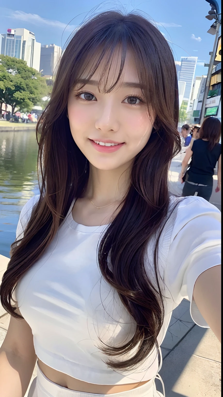 ((highest quality, 8k, masterpiece: 1.3)), sharp focus: 1.2, beautiful woman with perfect figure: 1.4, slim abs: 1.2, (layered hairstyles,: 1.2)), (wet white button long shirt: 1.3), rain: 1.3, street: 1.2, wet body: 1.1, Highly detailed face and skin texture, fine eyes, double eyelid, big breasts, smile,