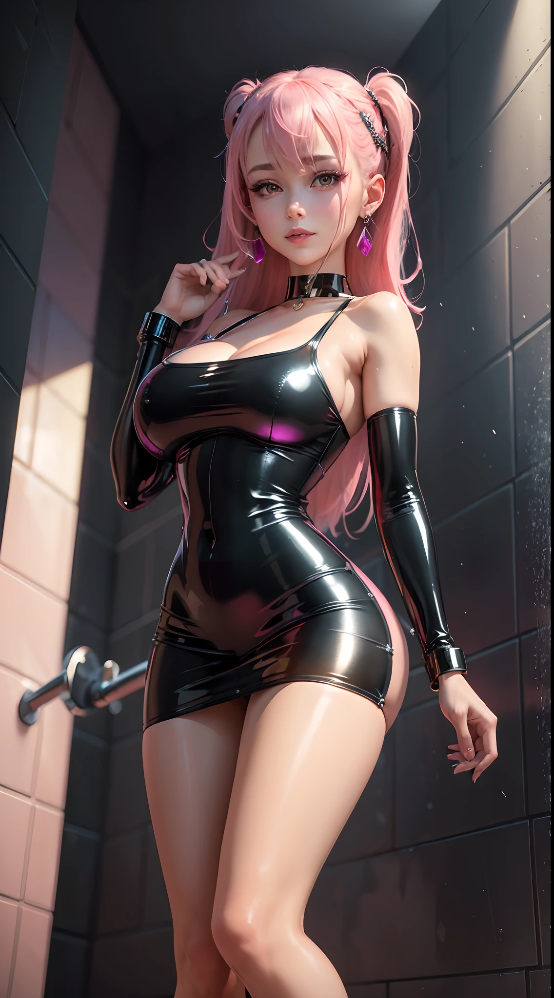 8k, highres, ultra detailed, (masterpiece:1.4), best quality, symmetrical body, (latex short dress:1.4), choker, cute, solo, earrings, long hair, pink hair, pink eyes, glow effect, finely eye, detailed face, looking at viewer, happy face, in the shower, angled view, big breasts, seductive look, perfect fingers