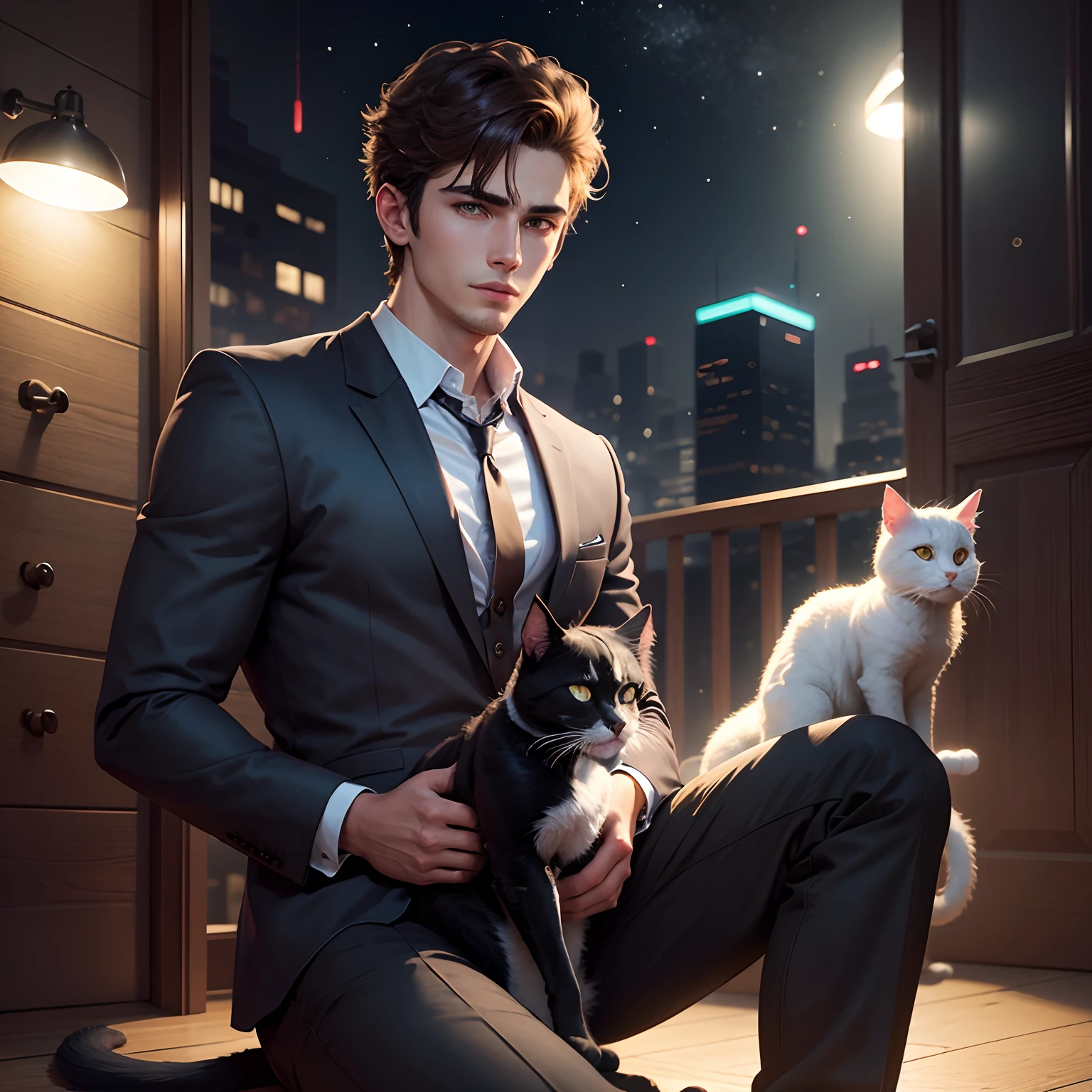 A handsome boy with cat at night